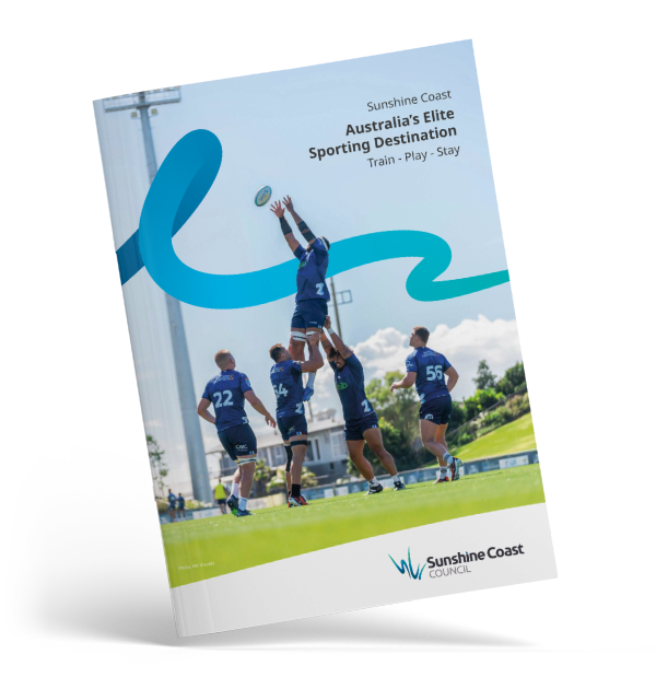 Sunshine Coast – Australia’s Elite Sporting Destination publication layout featuring bold branding, custom icons, illustrations, and the ‘Train – Play – Stay’ campaign message