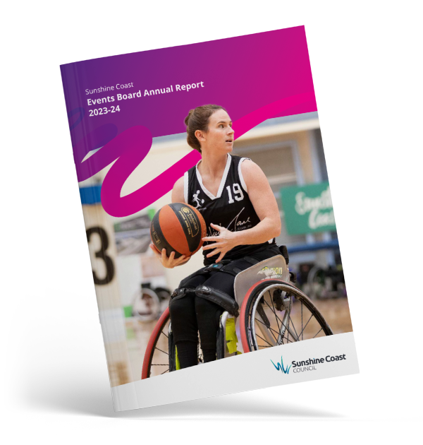 Sunshine Coast Events Annual Report 2023–24 – vibrant publication layout and graphic design showcasing event highlights, statistics, and regional branding