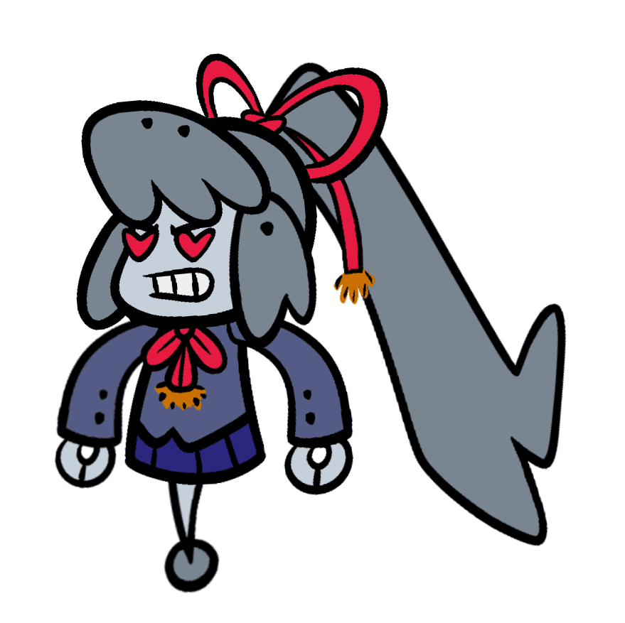 Cartoon robot girl wearing a school uniform cycling through different idle animations.