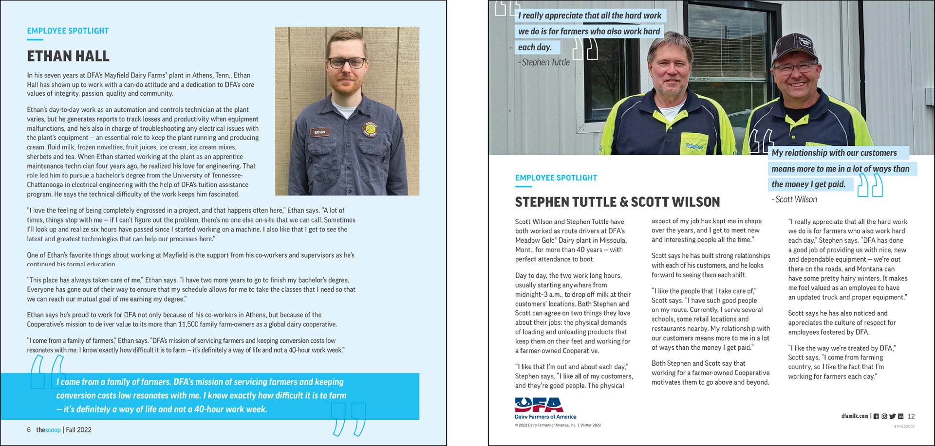 Two separate pages depicting a simplistic design for Employee Spotlights from two separate issues of thescoop.