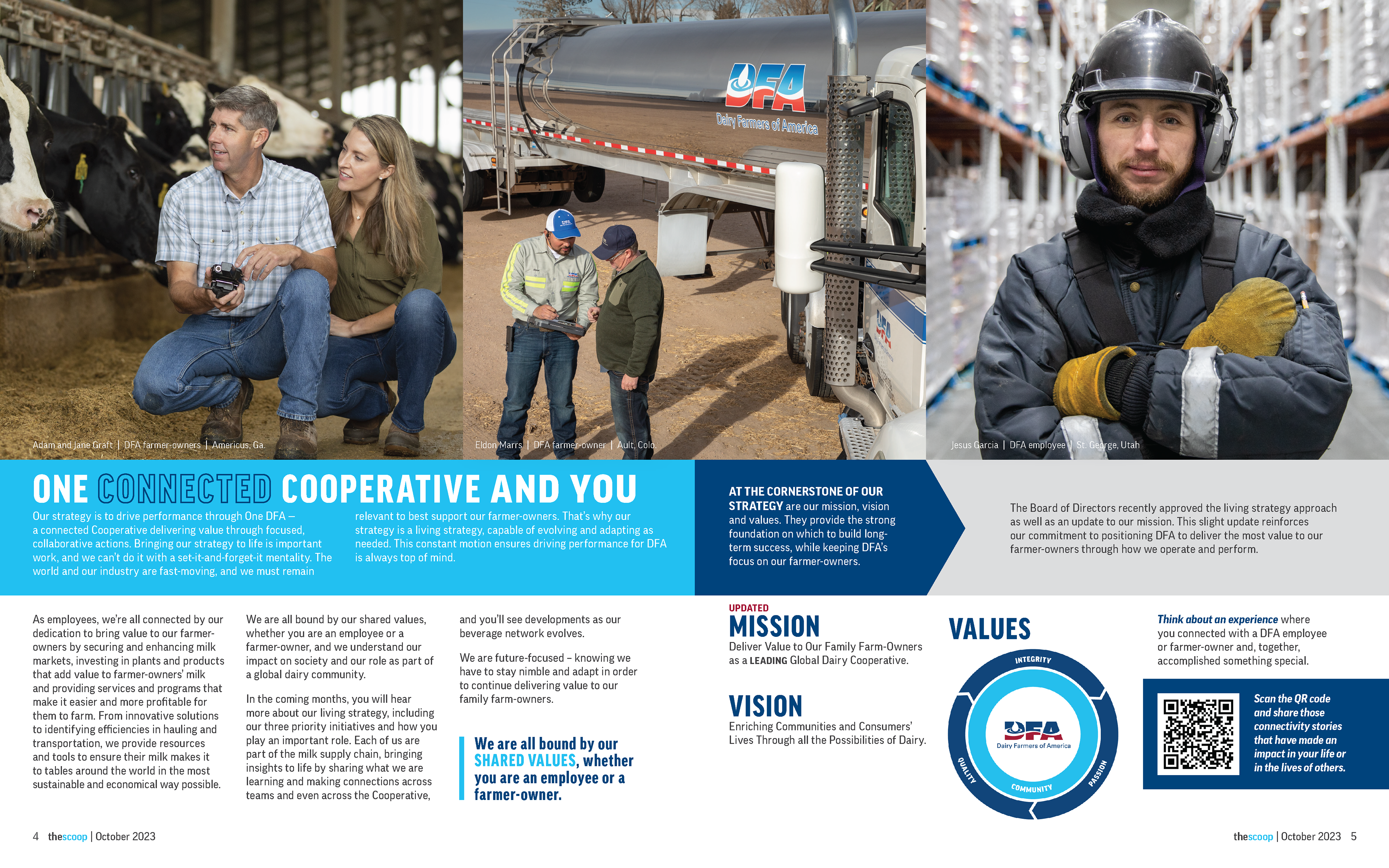 2 page spread with large photographs and accenting graphics.