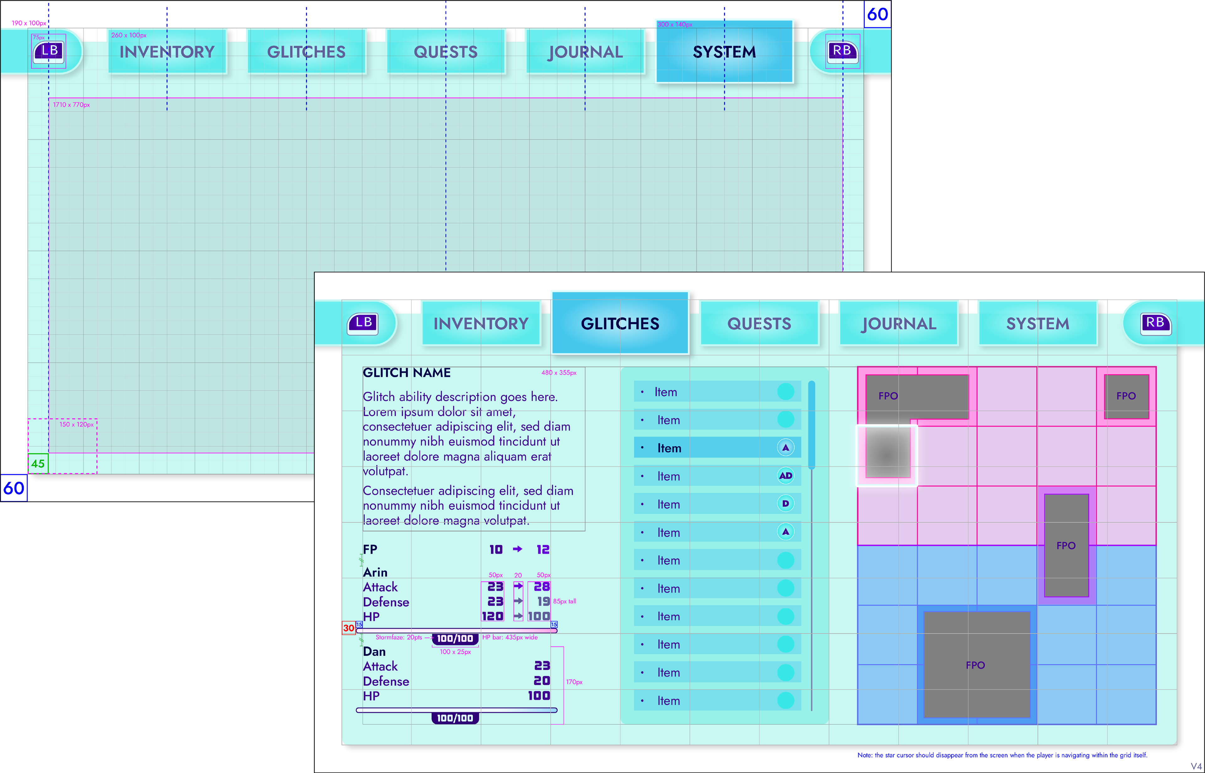 Two marked up main menu screens with grid overlays.