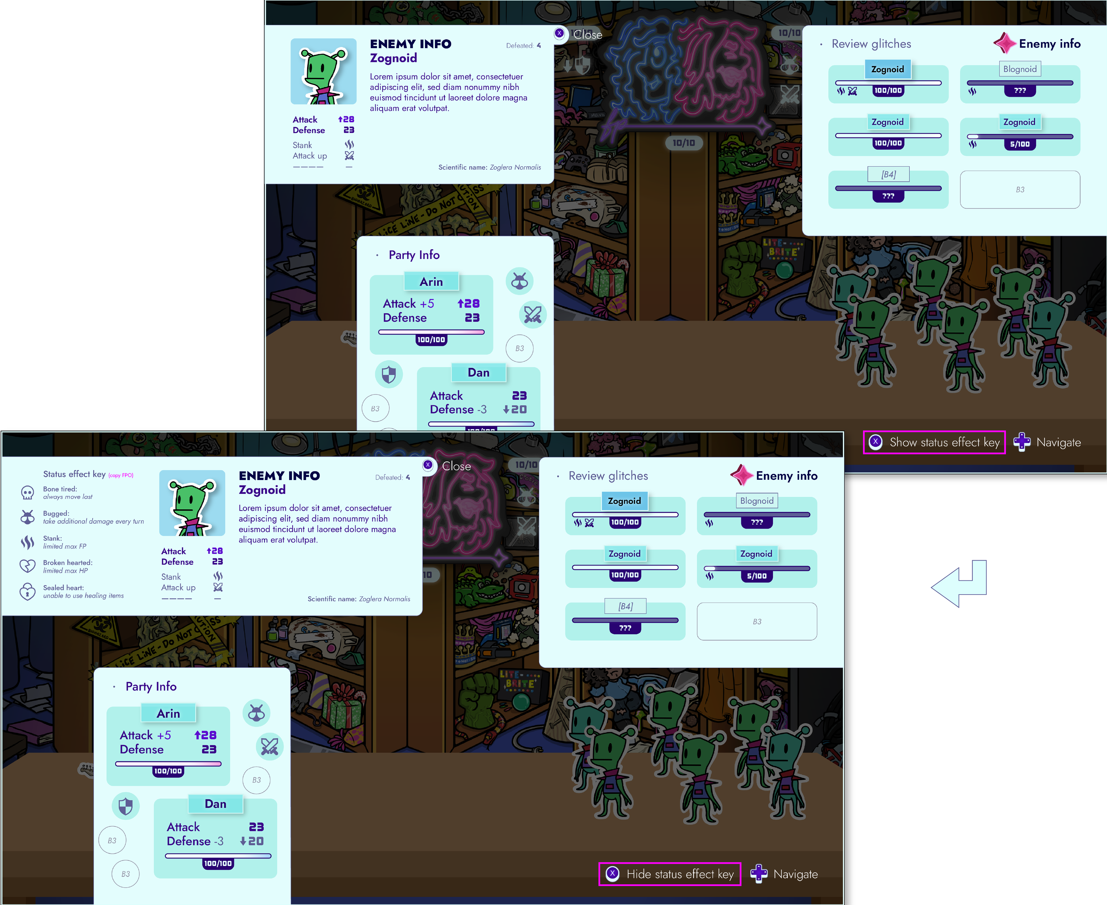 Two screens of the Summary section of the Battle UI.