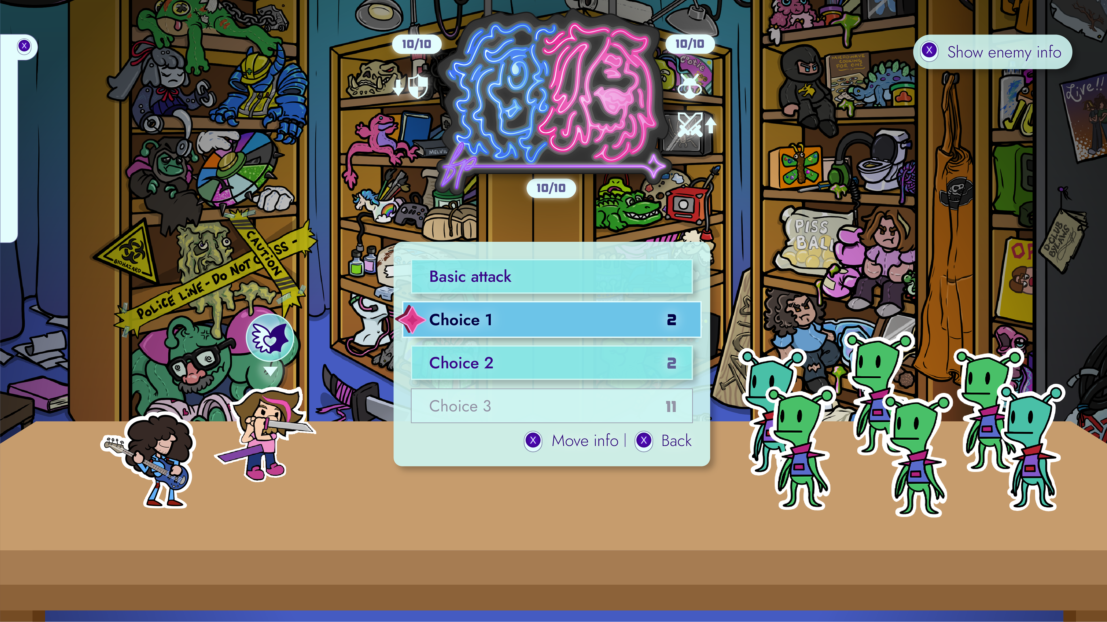 Certain modules will have unique elements appended to them, such as the number of FP an action requires (number on the button's far right).