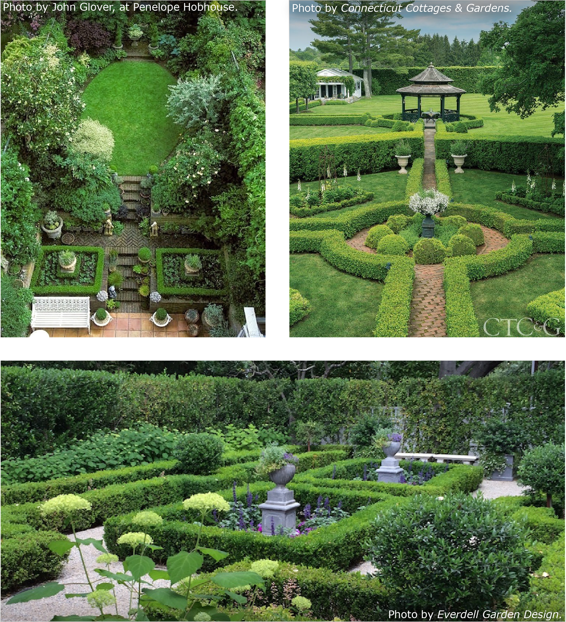 3 reference photos depicting formal english gardening.