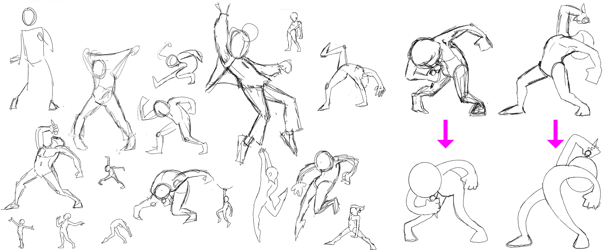 Anatomical sketches of various theatrical poses.