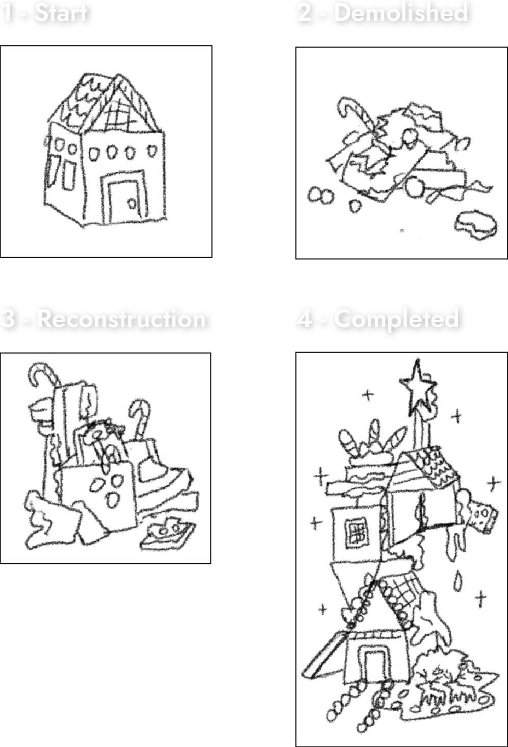 A sequence of four sketches depicting the stages the gingerbread house will look like throughout the game.