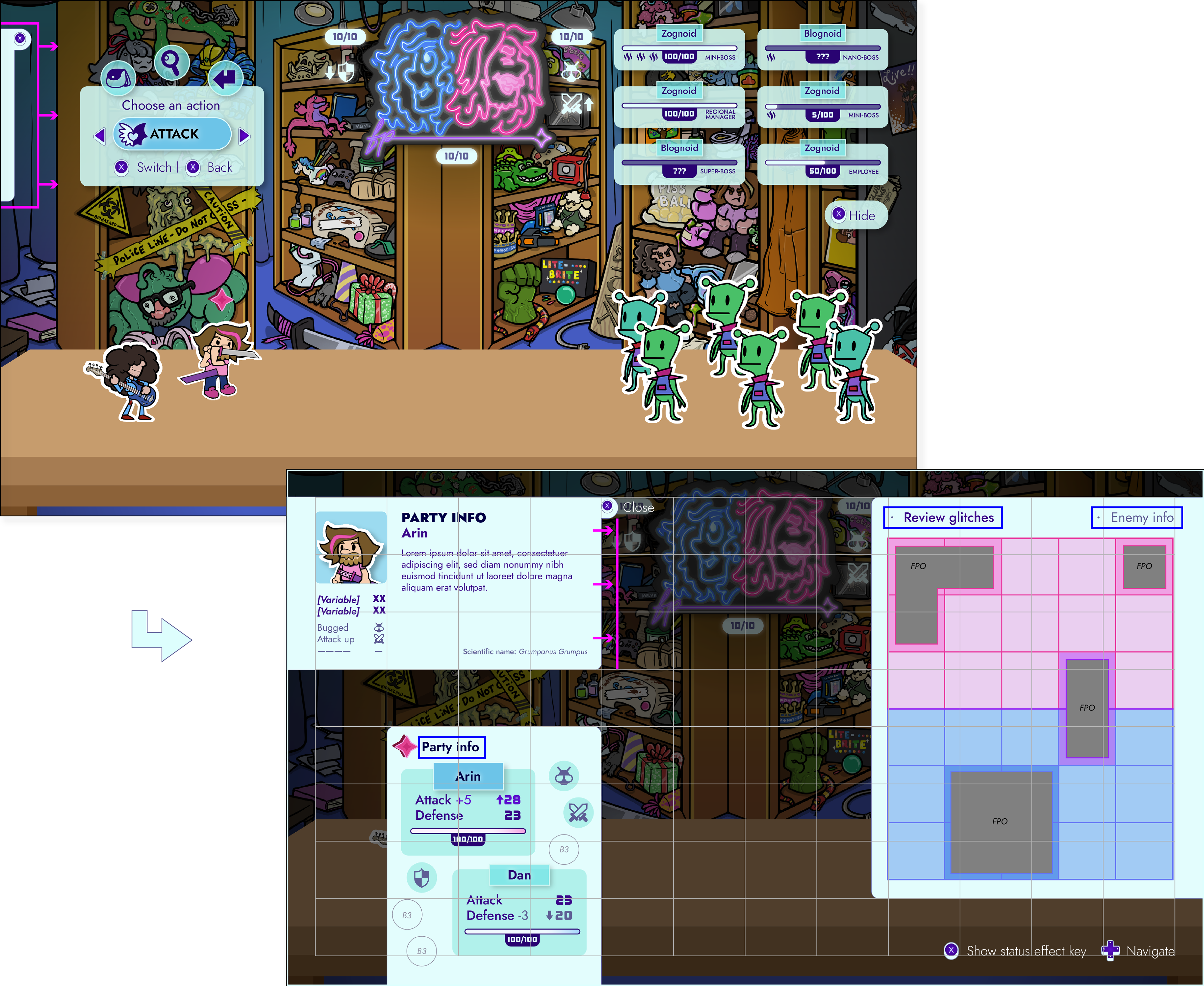 Two battle screens showing how the Summary screen is opened.
