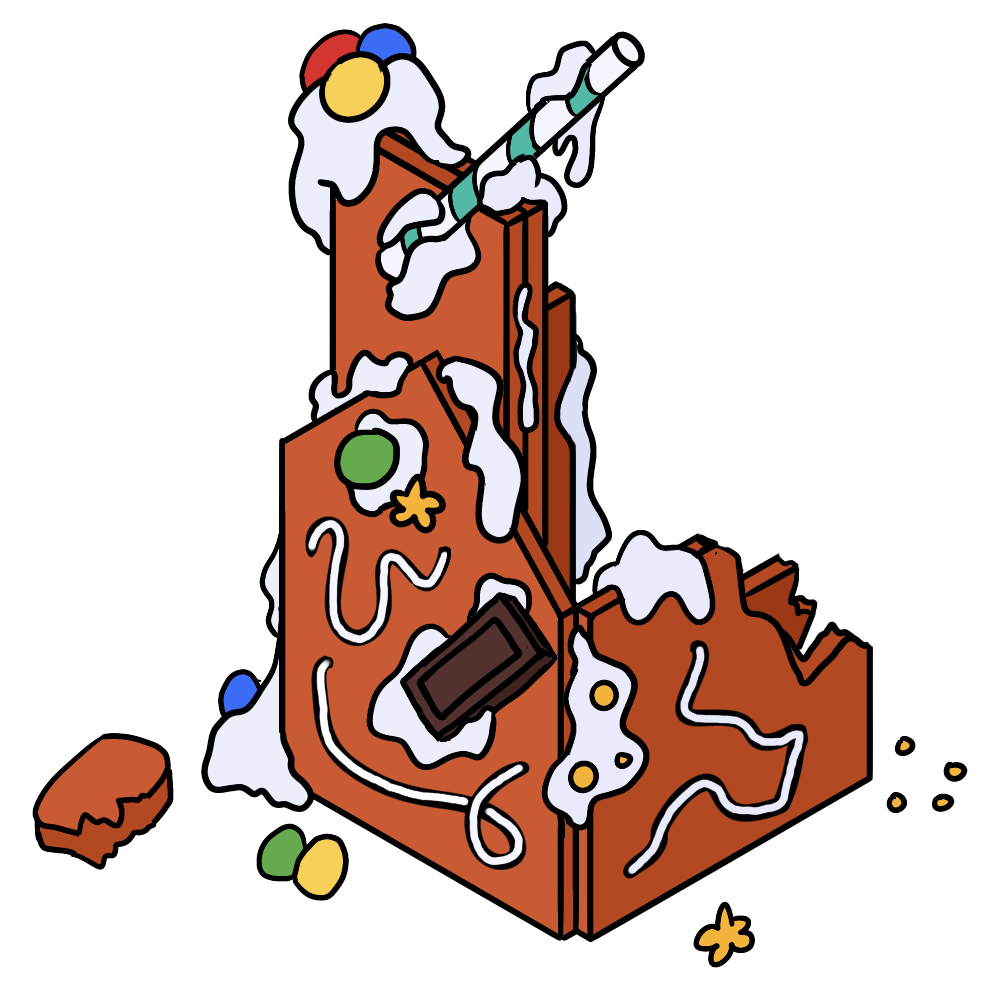 Illustration of a destroyed gingerbread house being poorly reconstructed with broken pieces of candy and untidy icing. It is ugly.