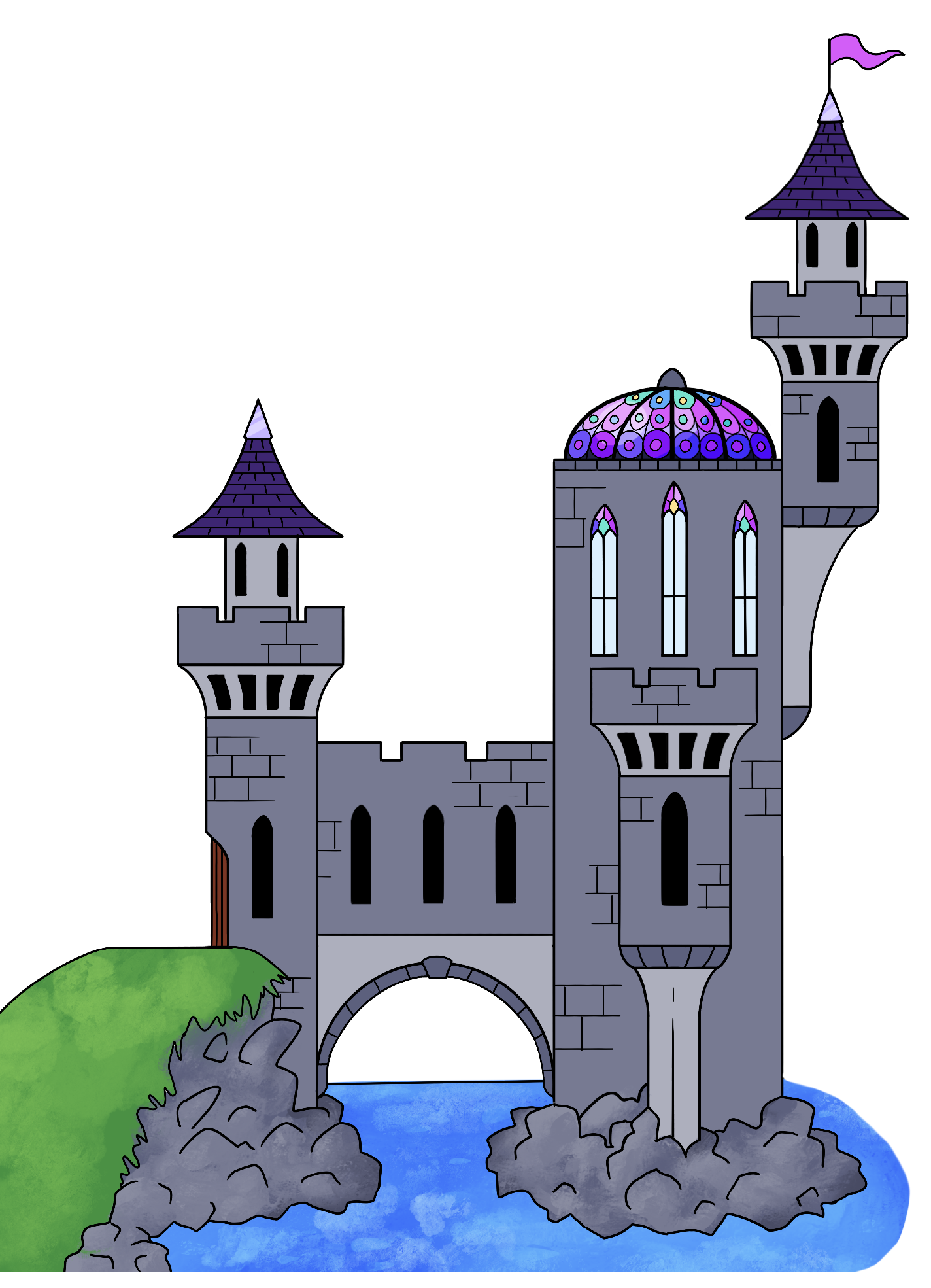 Illustration of a small but impressive stone castle built on a small rocky island in a lake.