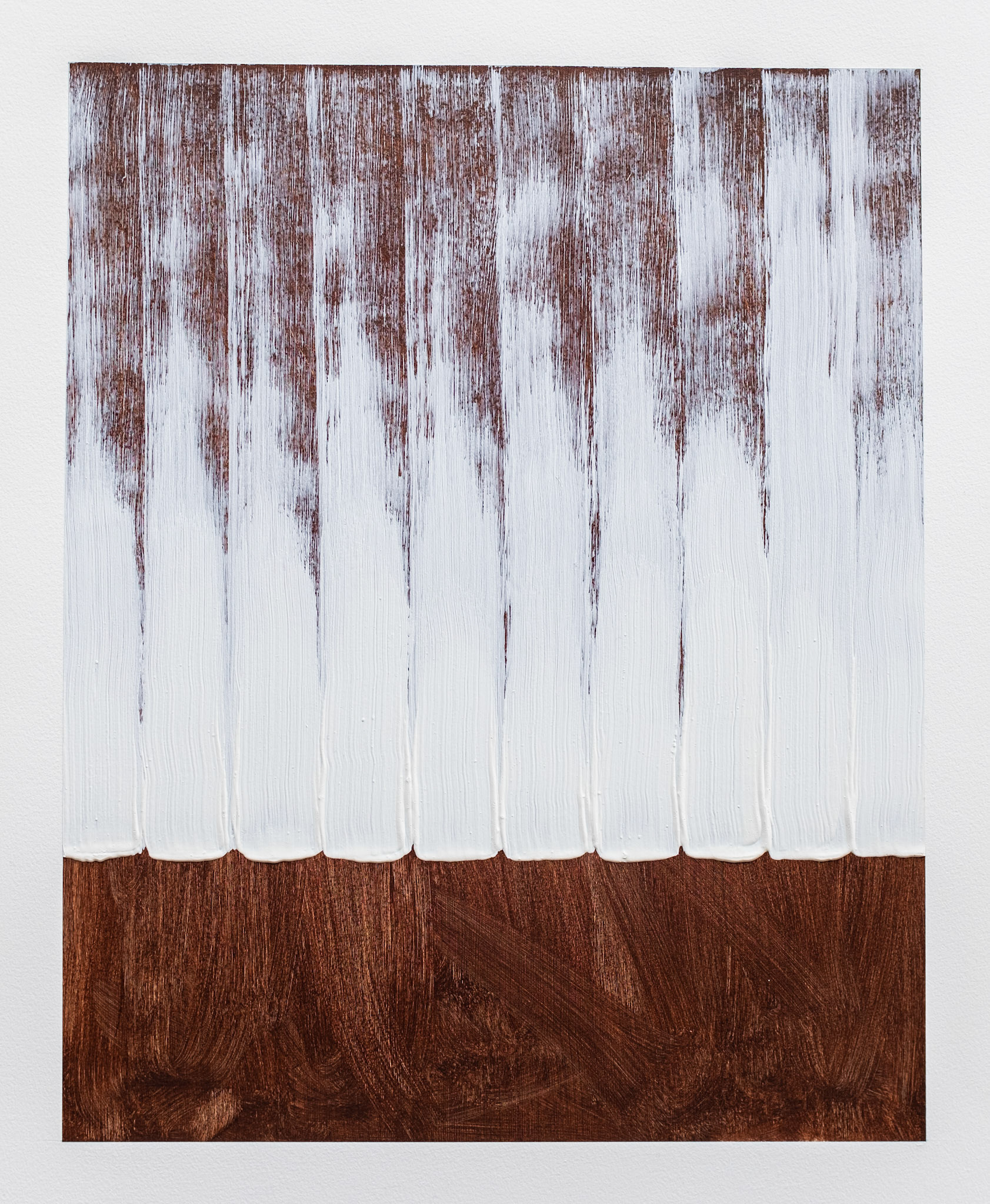 "White Falling on Burnt Sienna". 2019.  22” X 28”. Oil on Arches oil paper, mounted on panel. “Private Collection”.