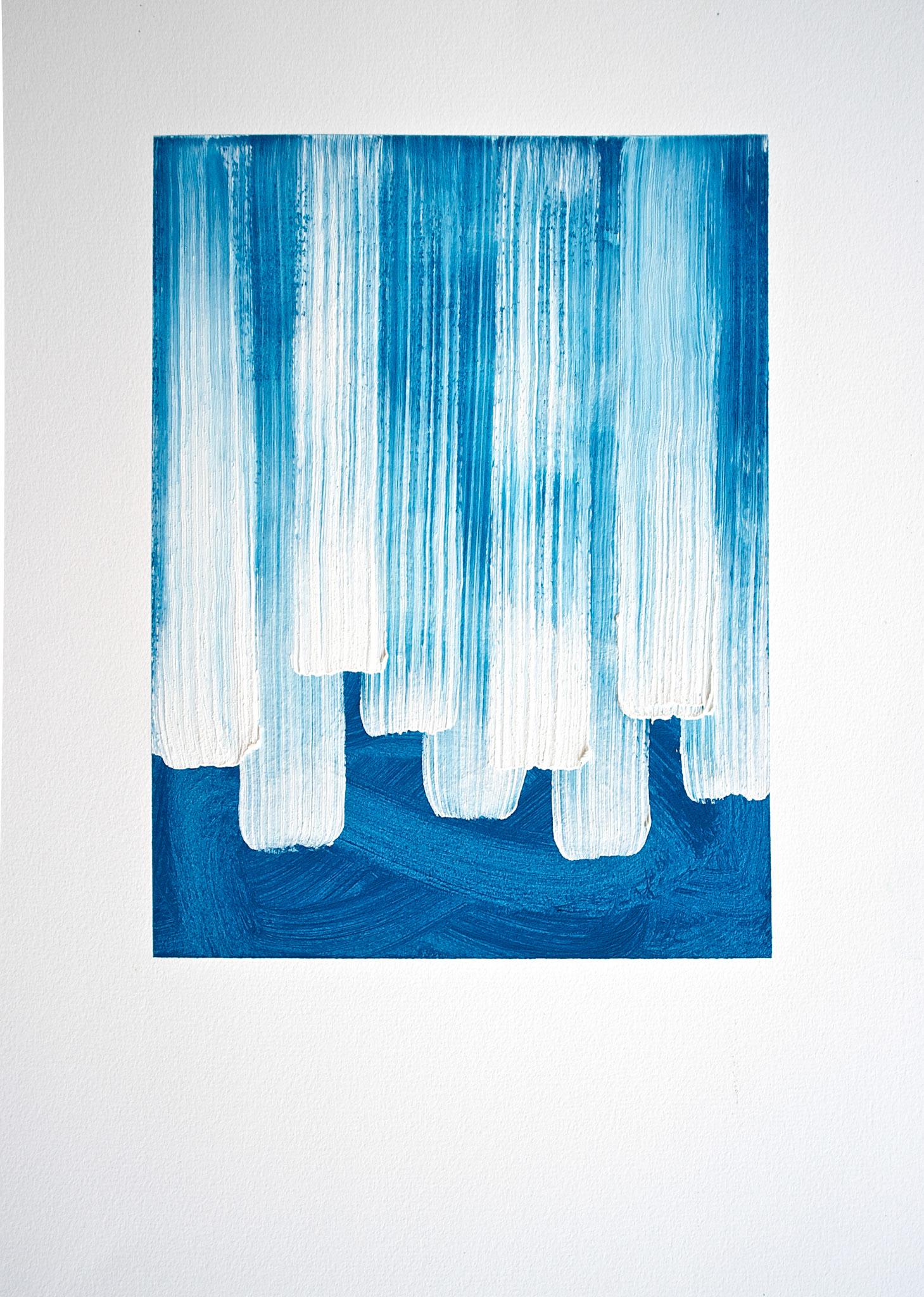 "White Falling on Cerulean". 2014. Oil on Arches oil paper, mounted on panel. 28" x 22".