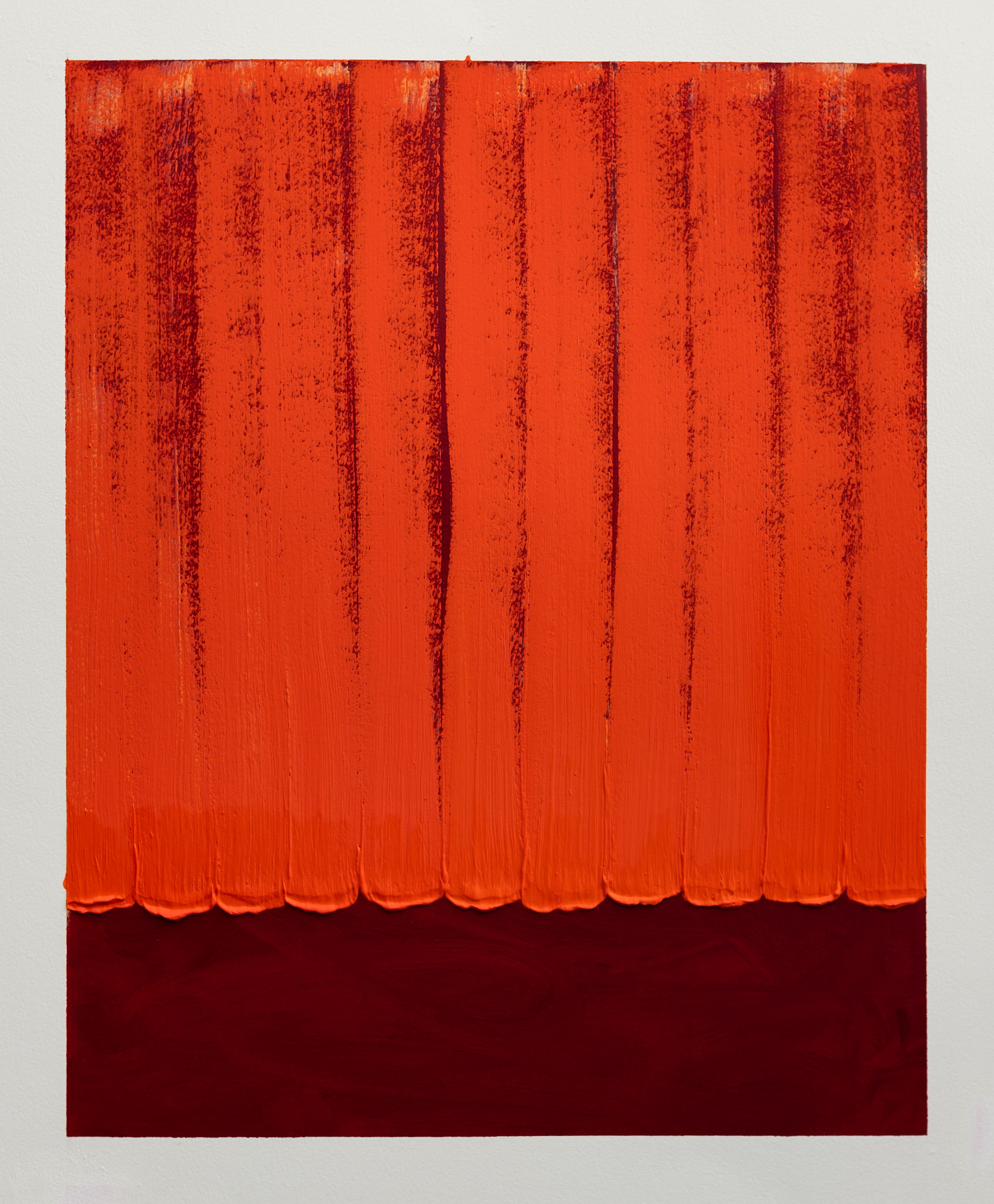 "Compassion VI". (Orange Falling on Crimson). 2019. Oil on Arches Oil paper. 22" x 30".