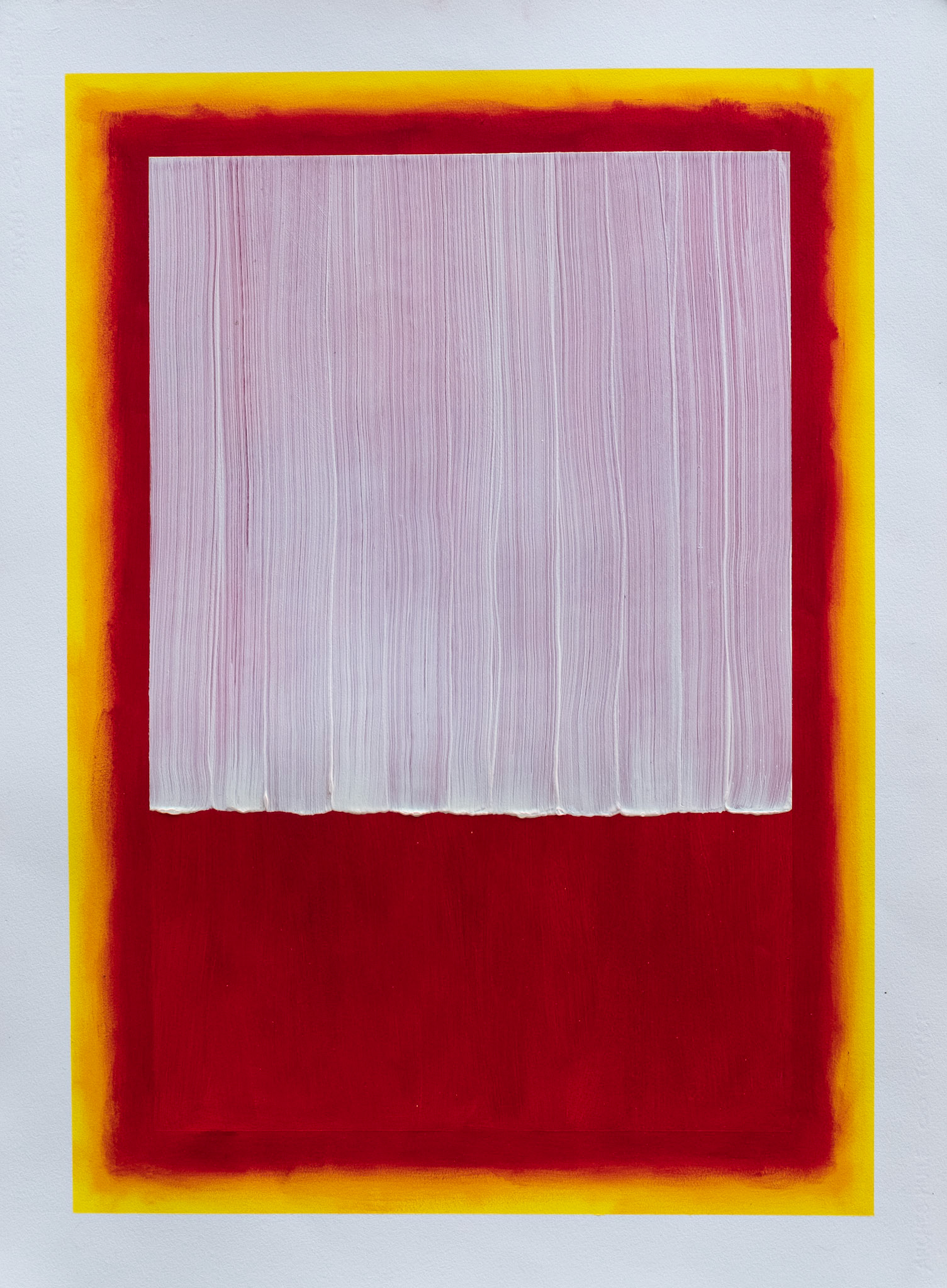 "Soft White dropping slowly on Red". 2019.  Oil on Arches oil paper . 30” x  22”.