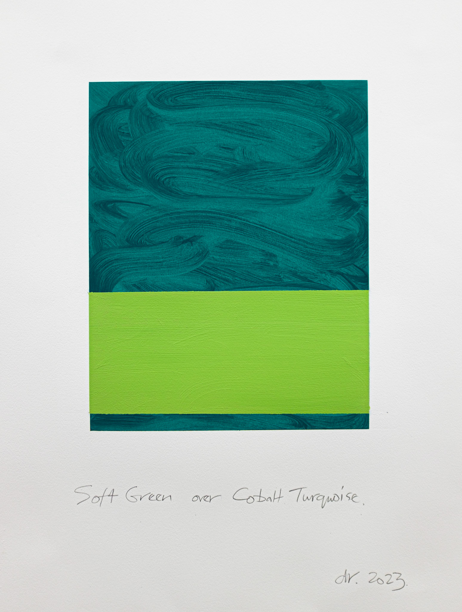 "Soft Green over Cobalt Turquoise." 2023. 30" X 22". Oil on Arches oil paper. $1800.