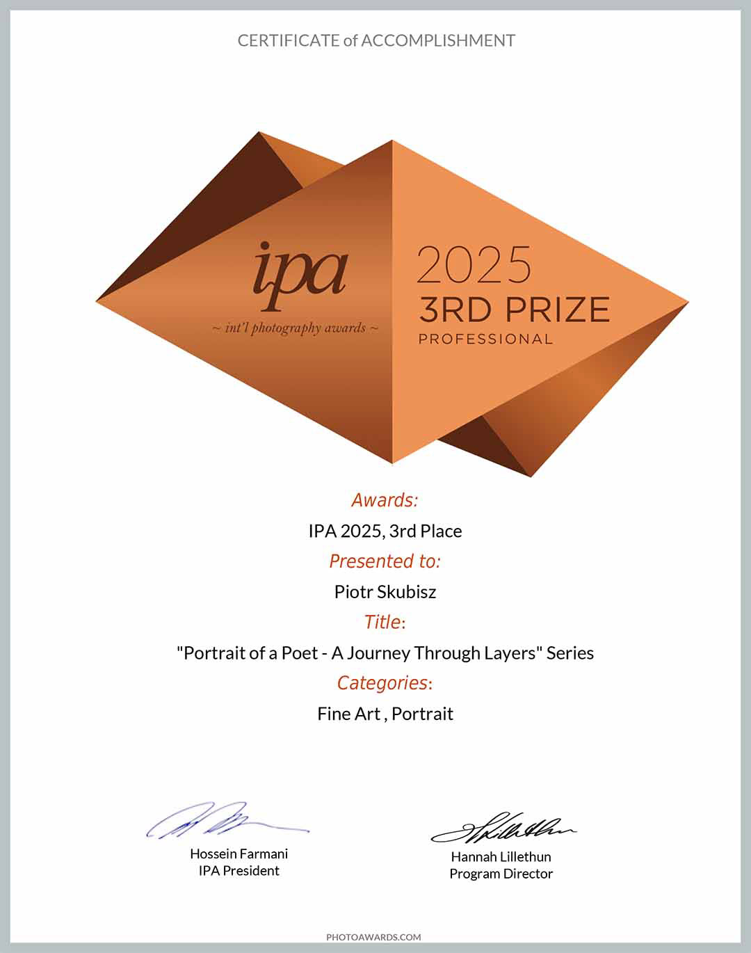 Certificate of Accomplishment - Piotr Skubisz Awarded 3rd Place Professional in the prestigious International Photography Awards (IPA) 2025 in the Fine Art - Portrait