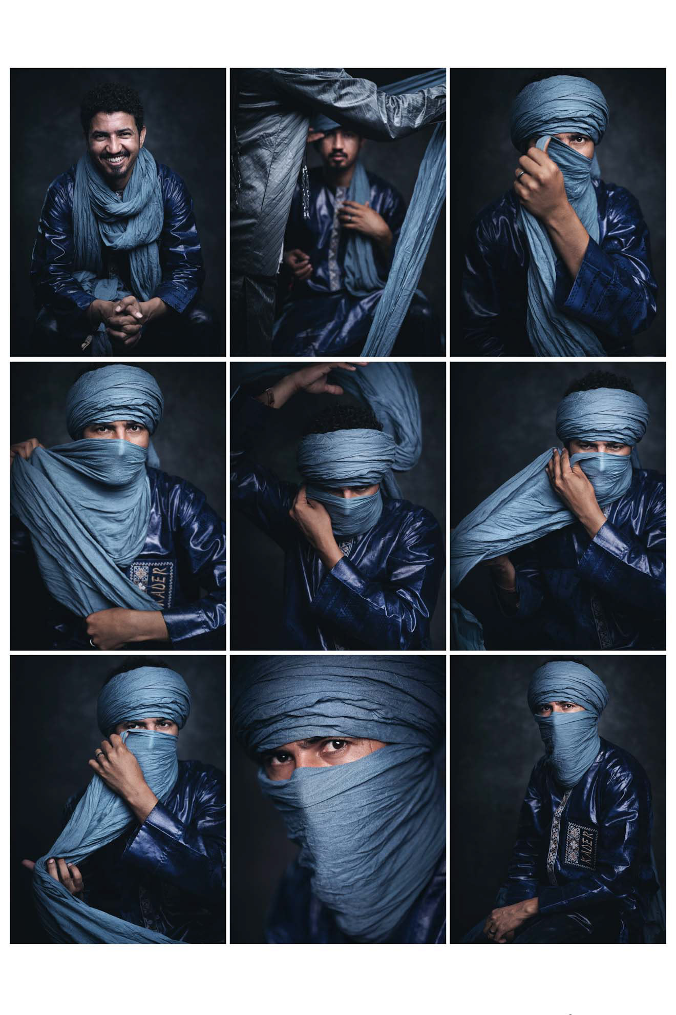 Kader Tarhanine — Tagelmust (ABF 2025)   Indygo jest jednym z najbardziej charakterystycznych kolorów w kulturze Tuaregów — barwą związaną z tożsamością, historią i sposobem życia. Podczas naszej sesji Kader pozwolił mi sfotografować proces zakładania tagelmustu, krok po kroku. To jedyne zdjęcie w tej serii, które pokazuję w kolorze, bo w przypadku tej tradycji kolor jest integralną częścią znaczenia.