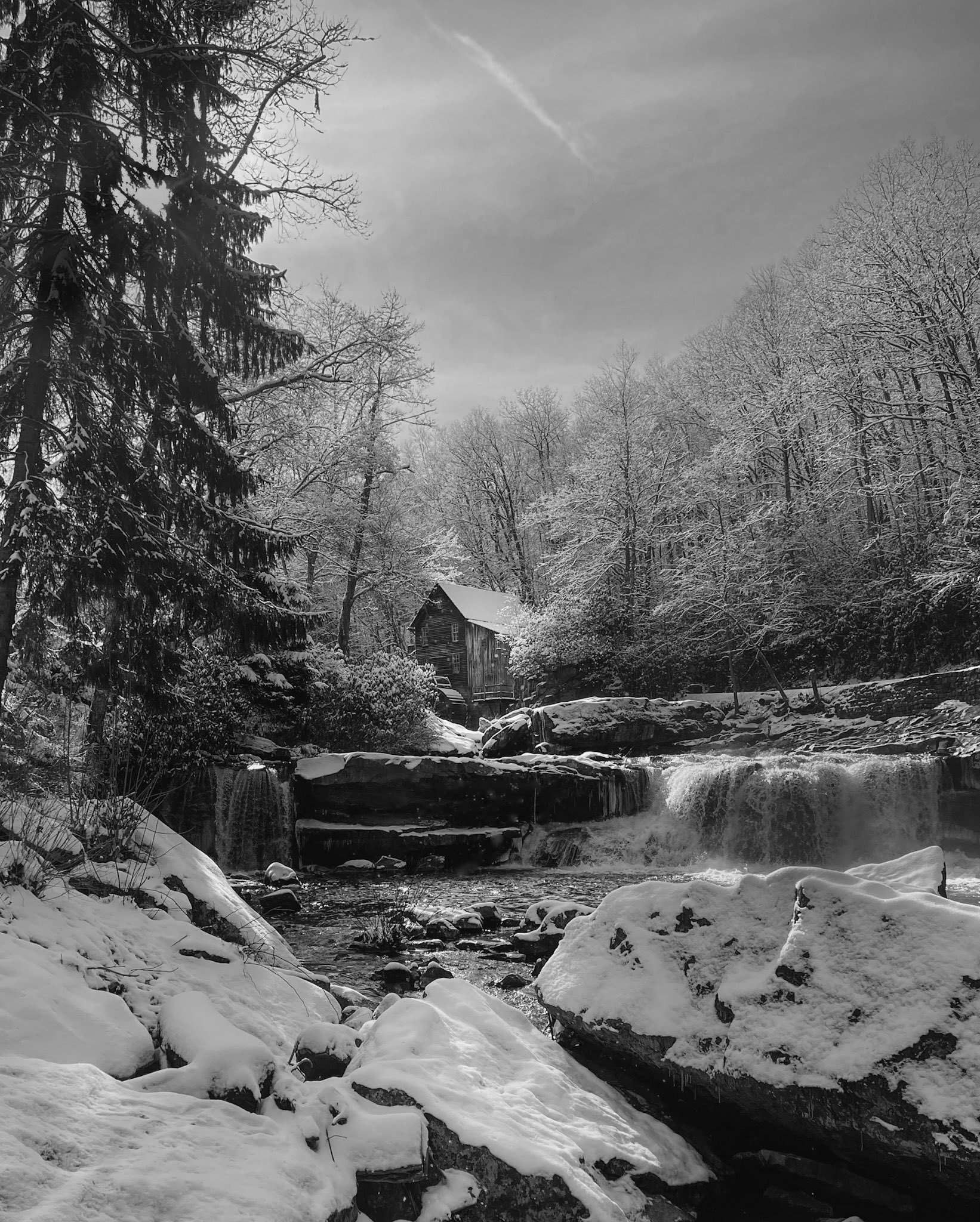 Winter at Glade Creek Grist Mill B&amp;W