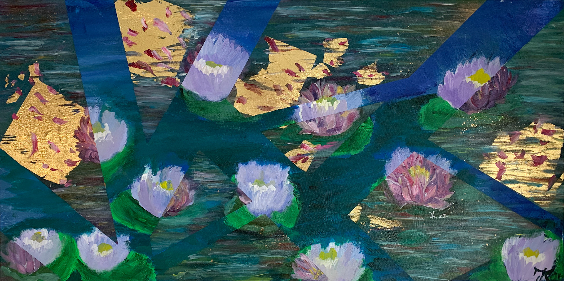 "Seerosen 2005/2023" 100 x 50 cm Mixed Media on Canvas