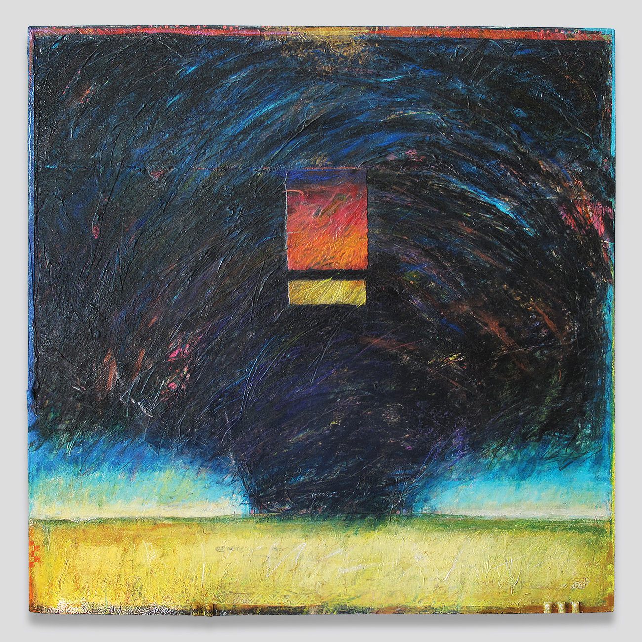 "Big A** Tornado" | mixed media, collage & small objects on paper glued to panel | 30" x 30" x 1.5" | 2019