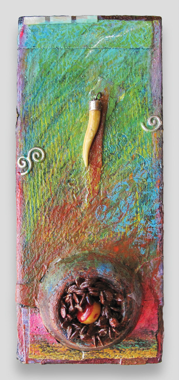 "Nestling" | mixed media & assemblage on board | 8.625" x 3.5" x  .75" | 2014