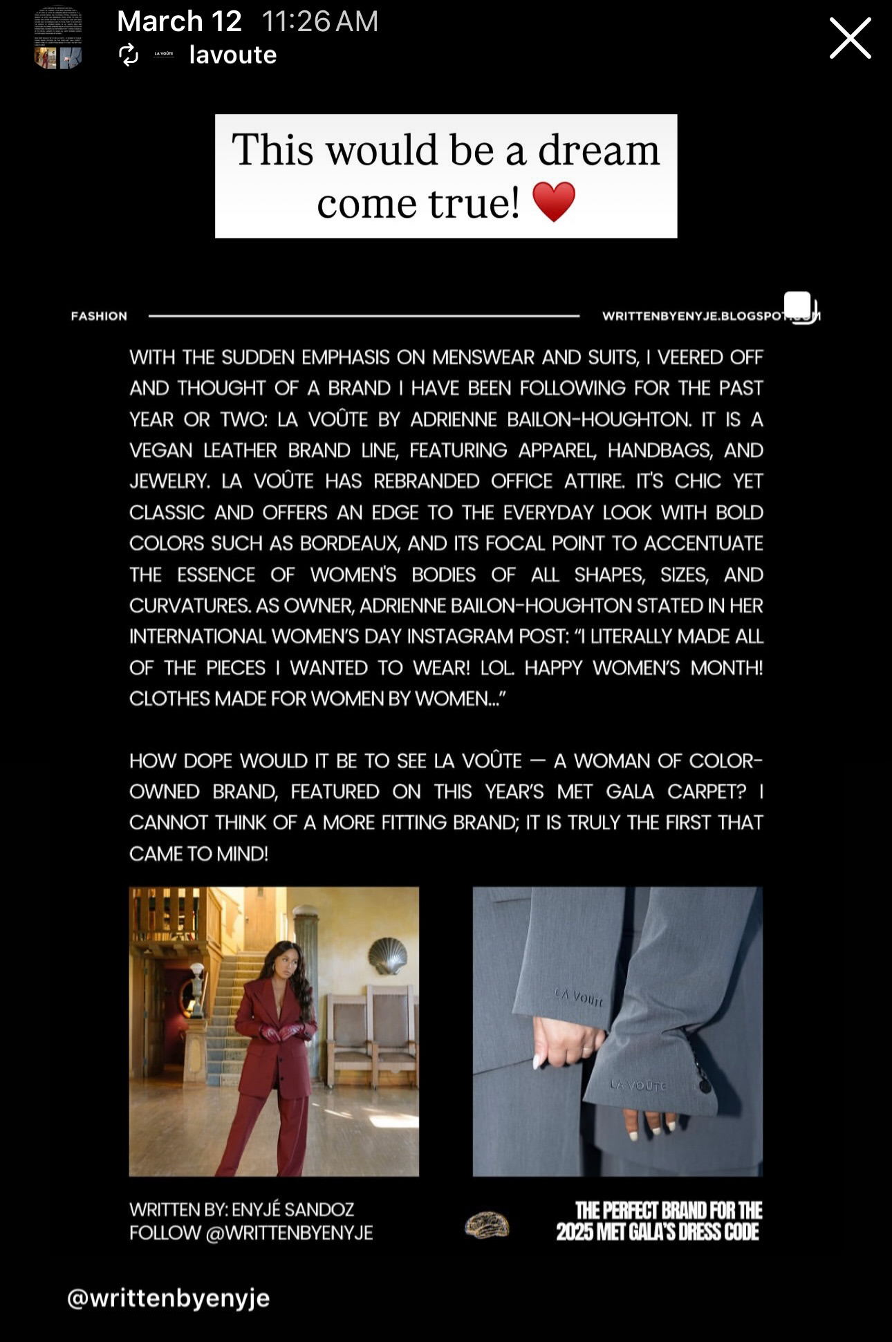 The brand, La Voûte, reposted feature on their Instastory.