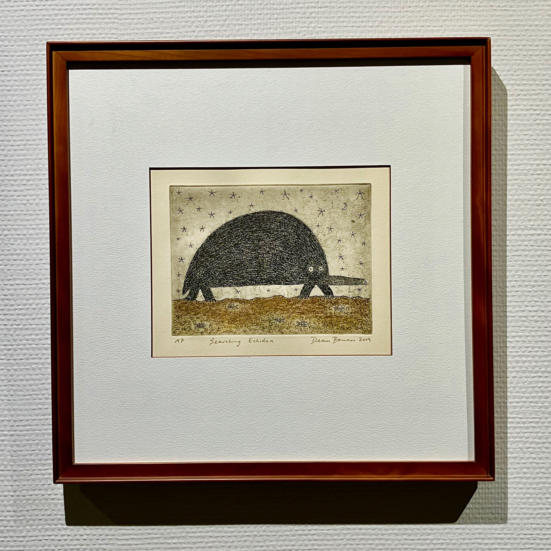 餌を探すハリモグラ 42.5×42.5cm 銅版画・色鉛筆