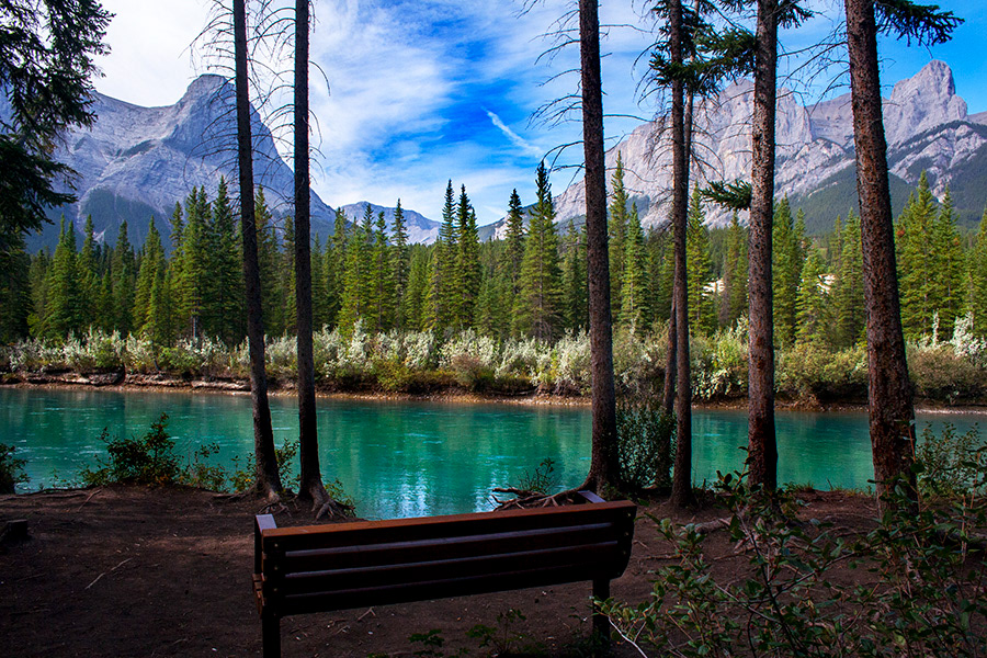Canmore riverside bench Ha Ling Peak