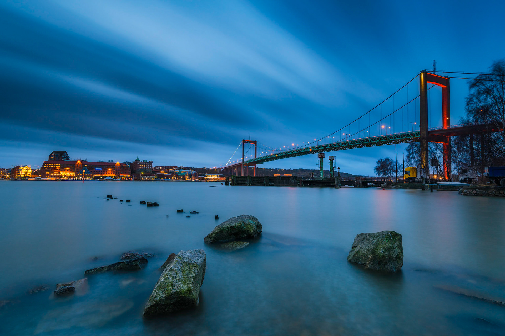 View from riverside of bridge. Färjenäs, Göteborg, Sweden.