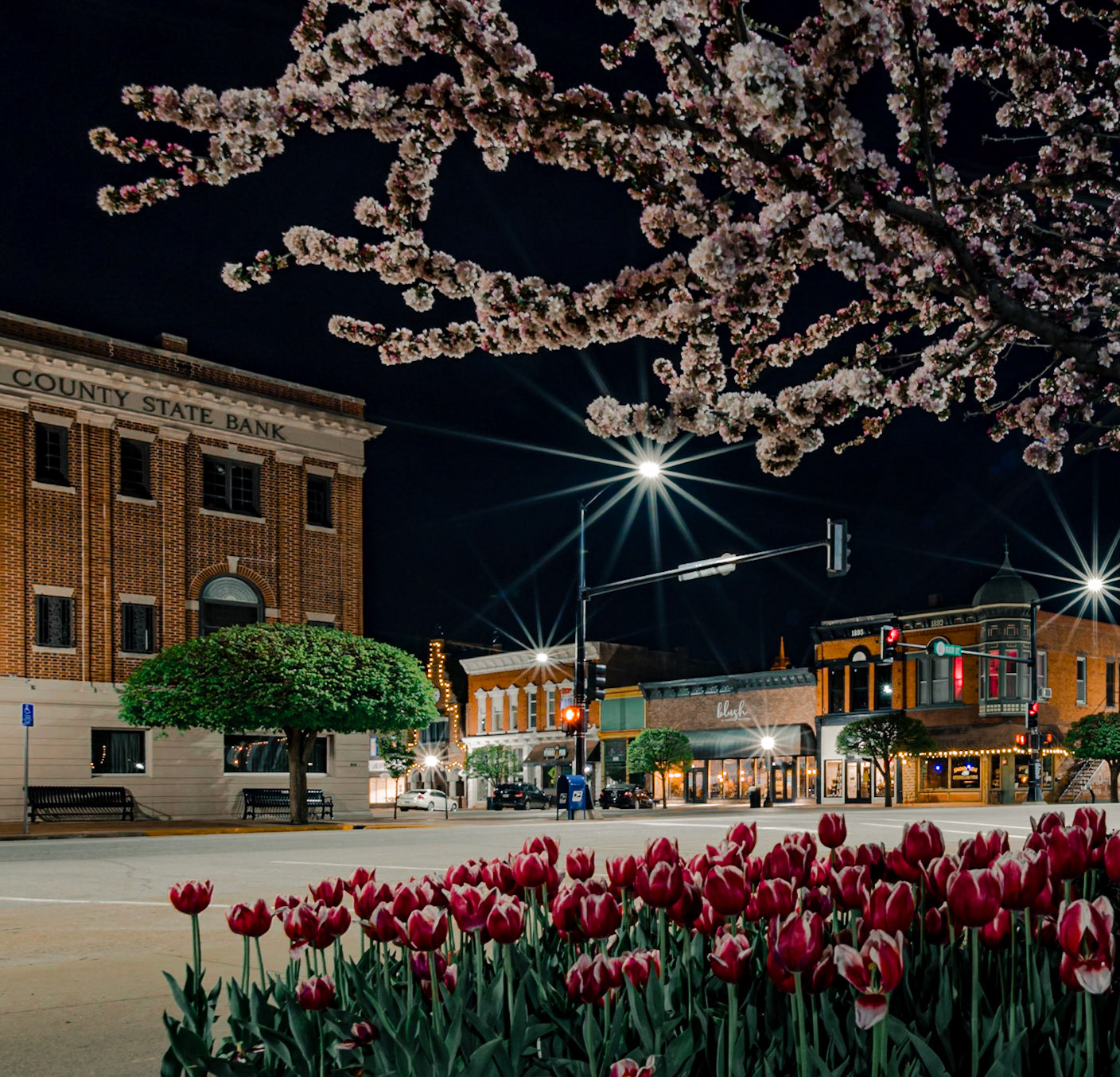 Nighttime shot of Pella, Iowa in May