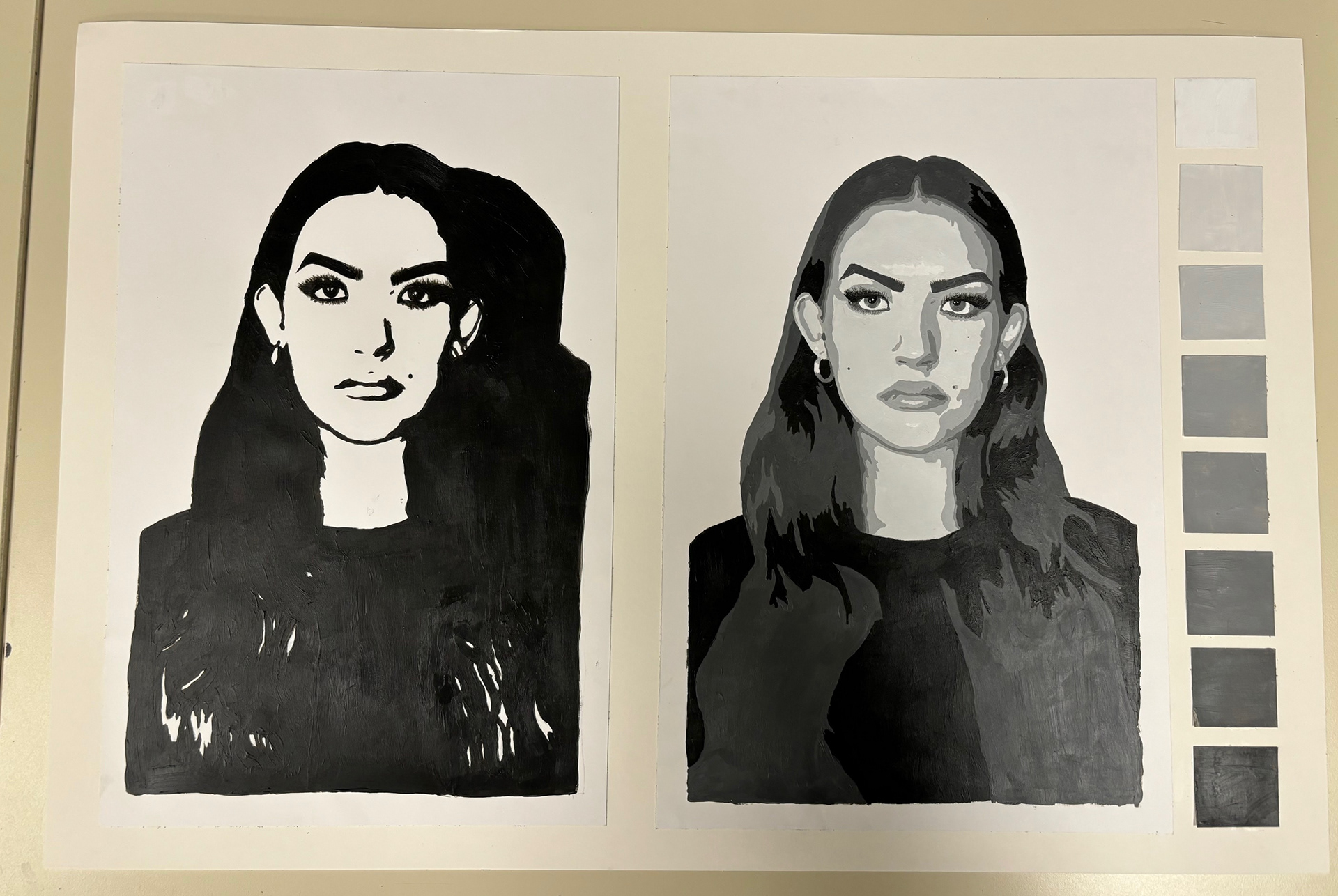 2 versions of a color block self-portrait painting using acrylic paint.