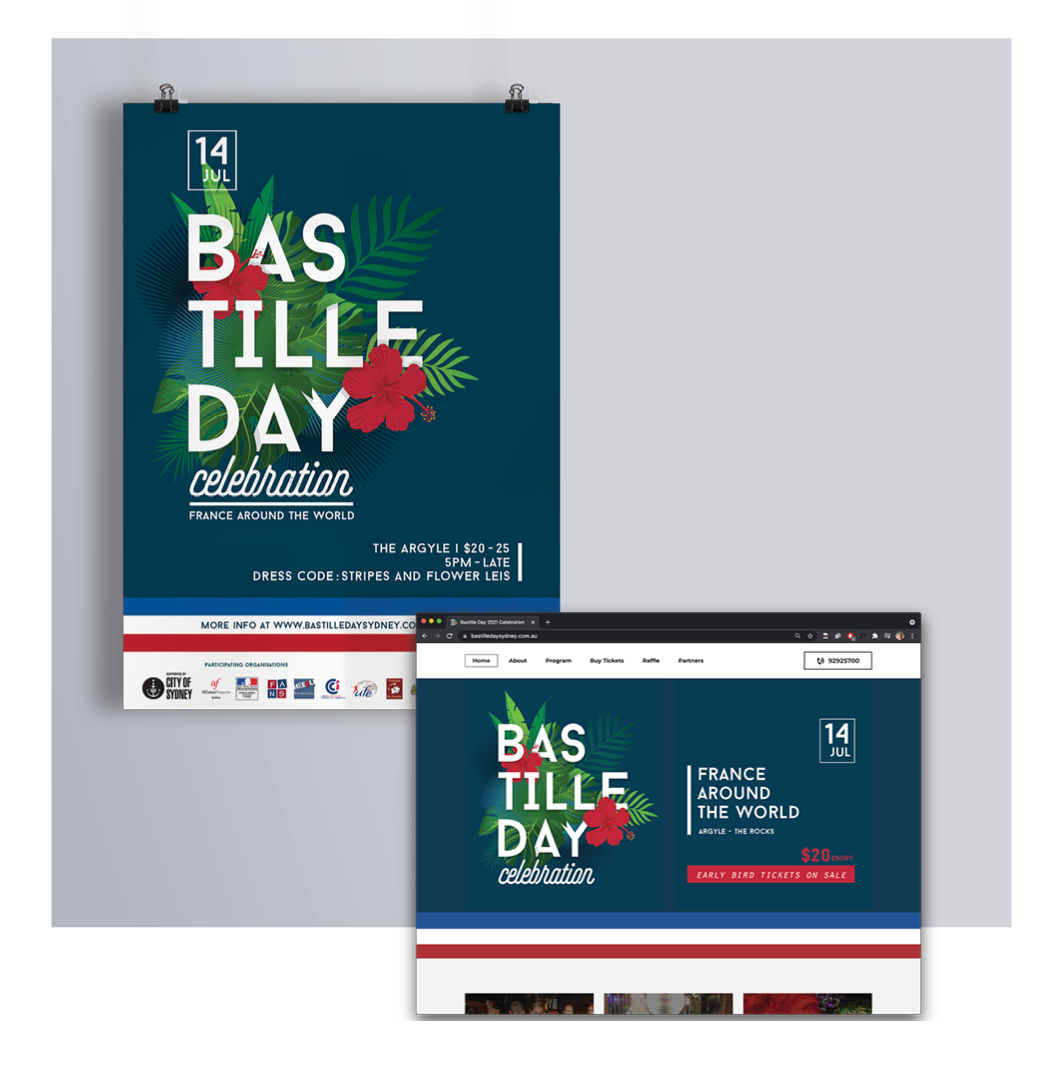 BASTILLE DAY CELEBRATION // Alliance Francaise de Sydney Illustration and design of the main visual for the Event (Tropical themed). Poster, website, flyer, newsletter, banners...