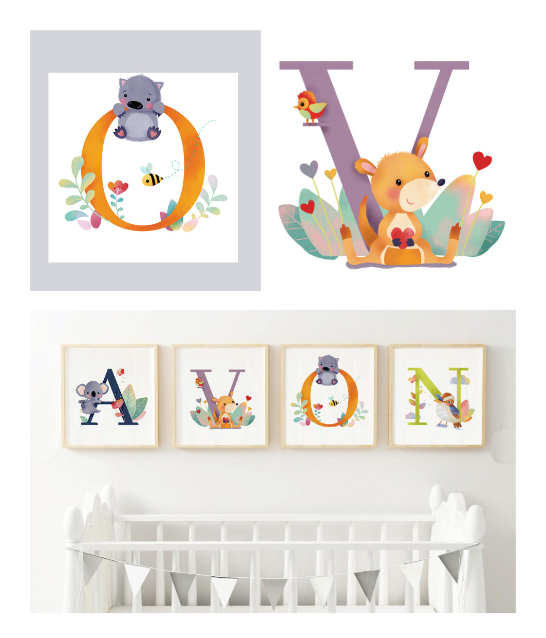 Framed illustrations for a baby's bedroom