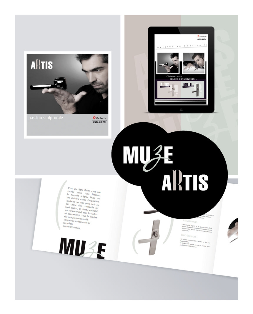 Assa Abloy // Vachette / New products launch : door handles Artis and Muze. Designed all the communication kit (print & web) : logos, brochure, emailing, banners for stand exhibition, Point Of Sales advertising, product packaging… AD of photoshoots and photo editing