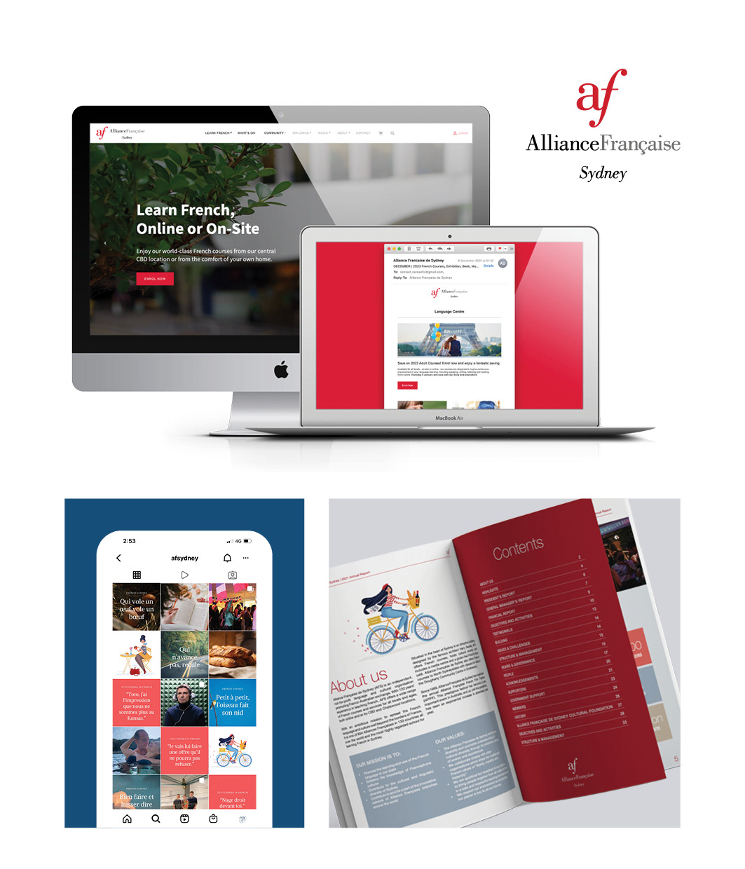 Alliance Francaise de Sydney - In charge of graphic design and marketing for the Sydney centre. Created material and pages for the Alliance Française website, monthly e-newsletter, EDM marketing, material for social media (Facebook, Instagram), web-banners, illustrations, photo... Designed all printed collaterals (annual report, posters, flyers...)