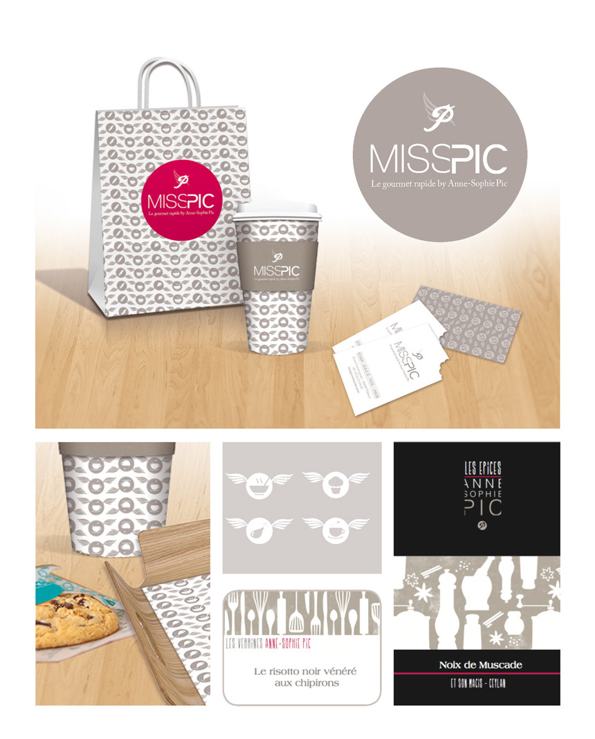 Pic fast-food (project non selected) Project to design the visual identity of Anne Sophie PIC’s fast-food restaurant, in Valence. Logo, stationary, packaging (paper bag, cup, label for cans and food boxes), signage for the shop, leaflet menu…