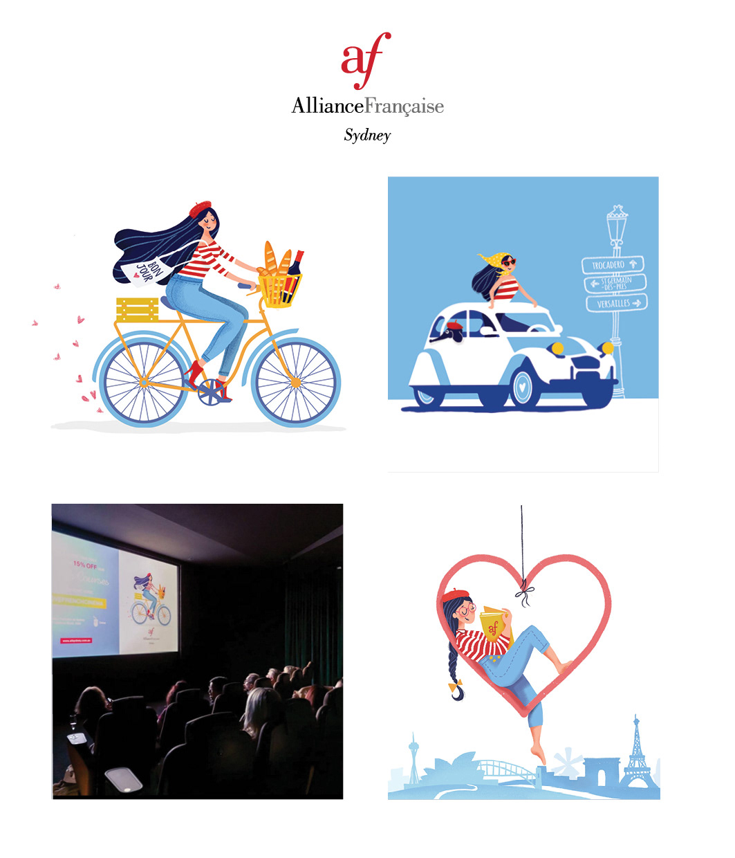 Alliance Française de Sydney // Brand identity for the Sydney centre (2022-2023) Illustrations for all web and printed collaterals (website, social media, banners, printed and screen ads, school material...)