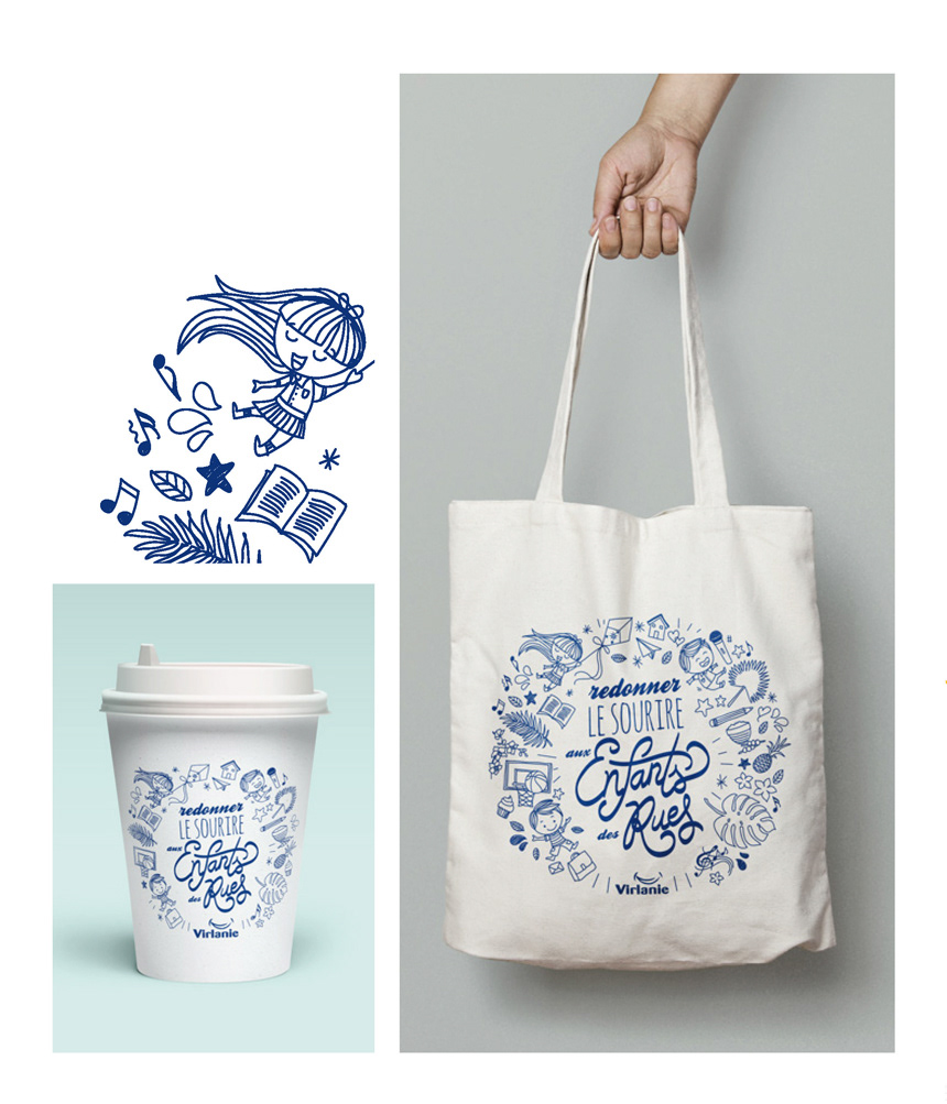 Virlanie foundation Creation of a graphic theme designed to celebrate the foundation’s anniversary. Illustrated the main image and applied it on cups and bags.