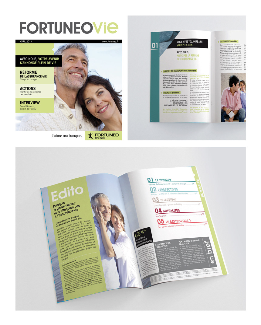 Fortuneo / Artistic direction of the quarterly magazine on life insurance. Was in charge of the magazine editorial design and layout. Worked also on the iconography and the personnalized mailing sent to customers.