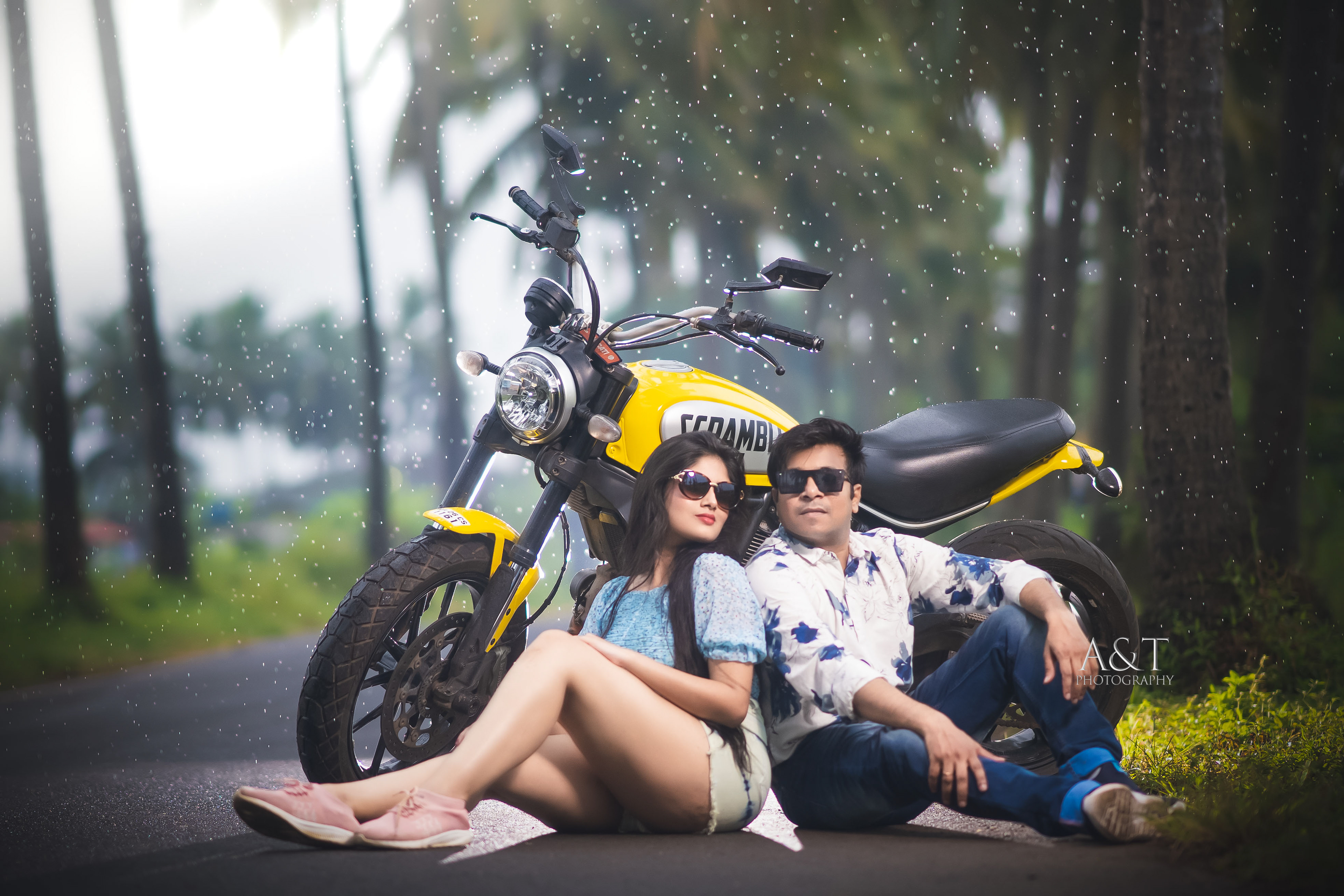 Monsoon Pre-wedding Photoshoot at Goa by A&T Photography with Luxury Bike