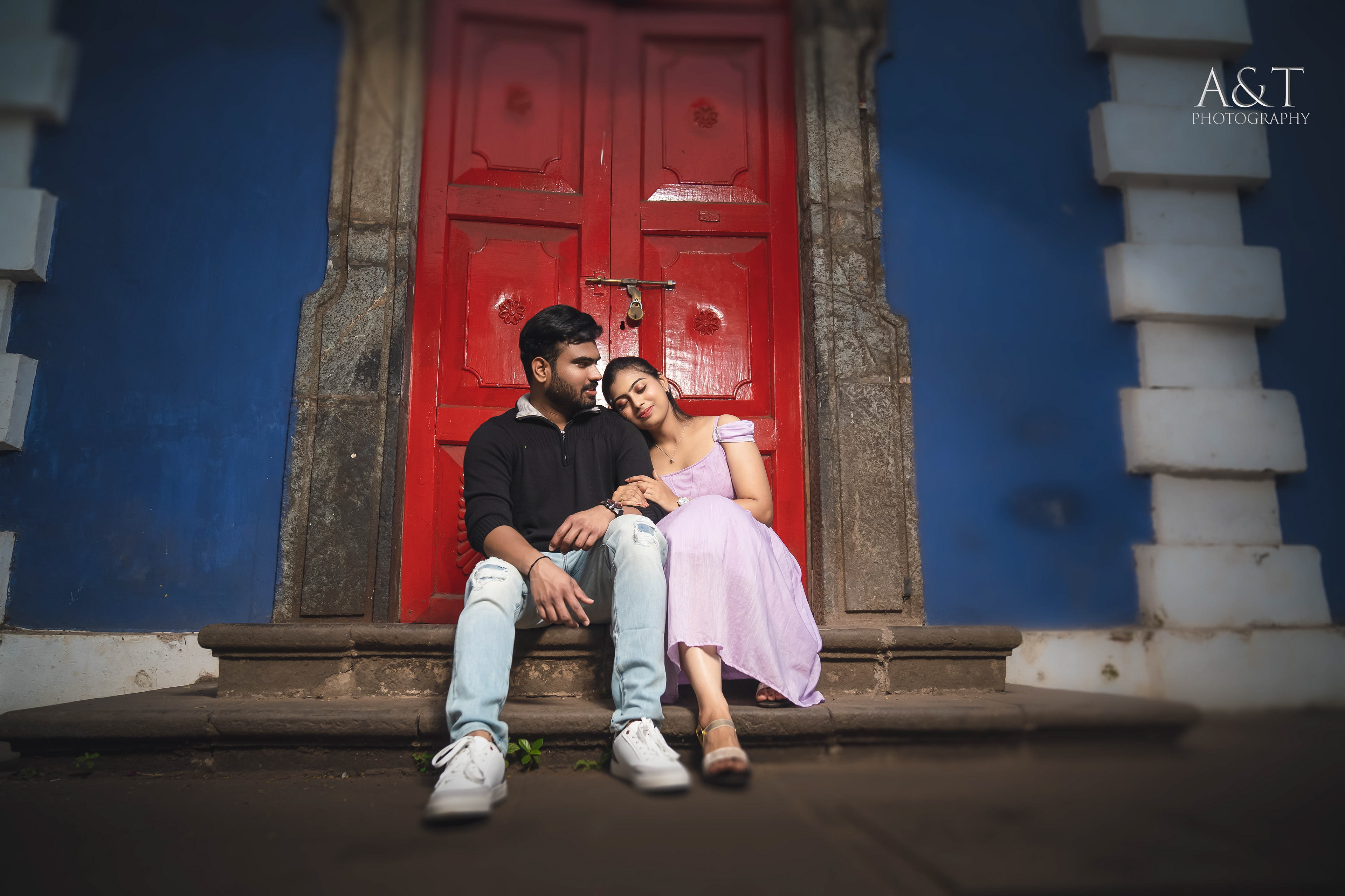 Romantic Couple Portrait at Colourful Streets of Goa photographed by A&T Photography