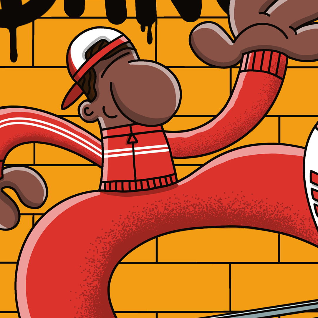 Cette illustration de breakdance est un dessin fait pour rendre hommage à la culture urbaines des années 80. Inspirée par la danse de rue et l'énergie des mouvements hip-hop, elle met en scène un danseur dans un style exagéré fun.