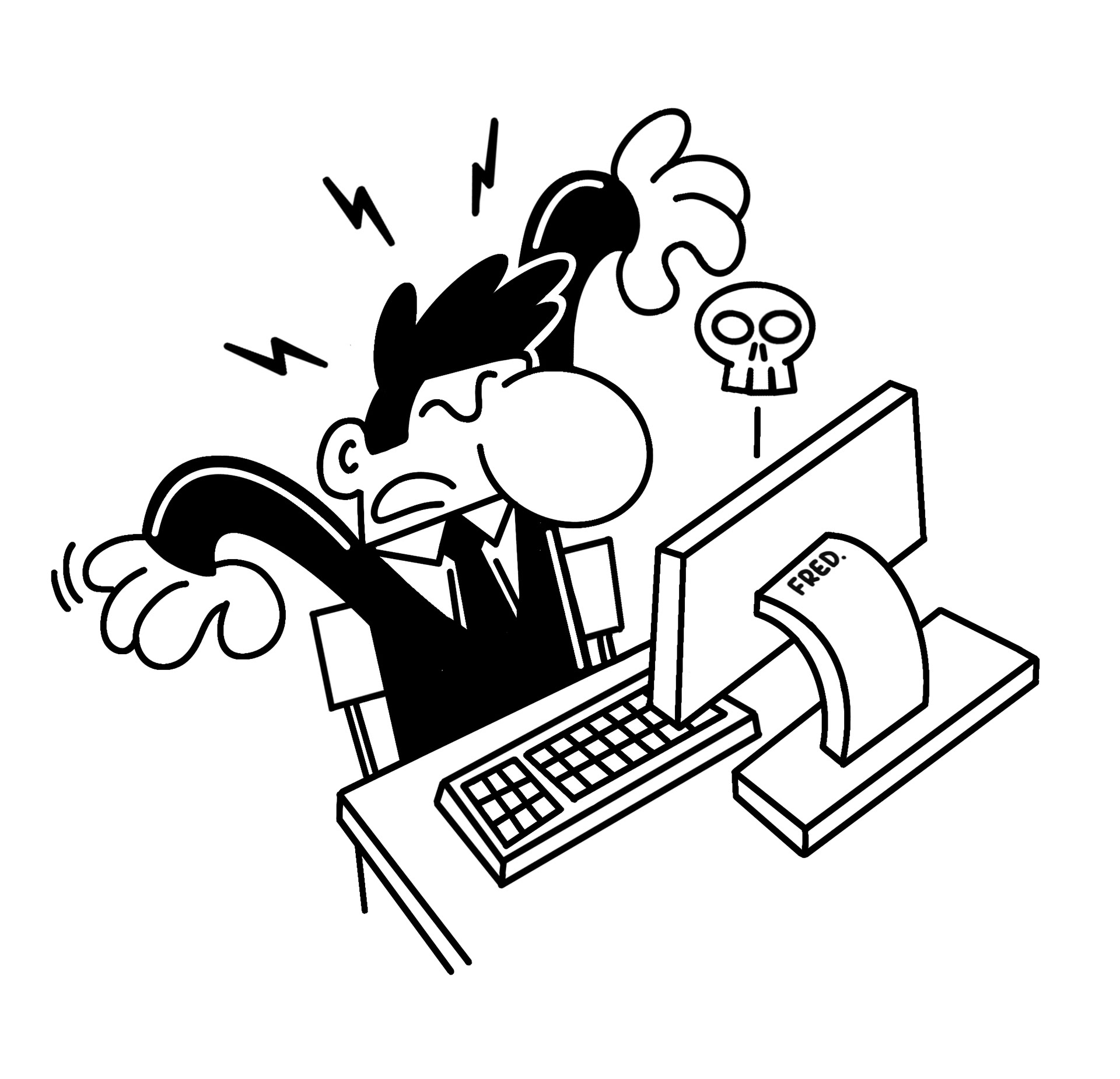 Cette illustration humoristique capture la frustration universelle face aux bugs informatiques. Avec un style cartoon exagéré et des détails saisissants, cette illustration signée Fred Illustrateur est idéale pour des projets éditoriaux ou publicitaires autour des thèmes du stress au travail, de la bureautique et de la technologie. Explorez ce dessin et bien d'autres dans mon portfolio