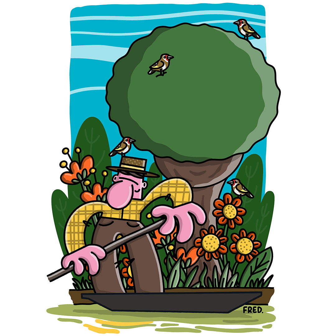 Illustration d'un homme pagayant dans le Marais Poitevin, avec des oiseaux et une végétation luxuriante, dessinée par Fred Illustrateur