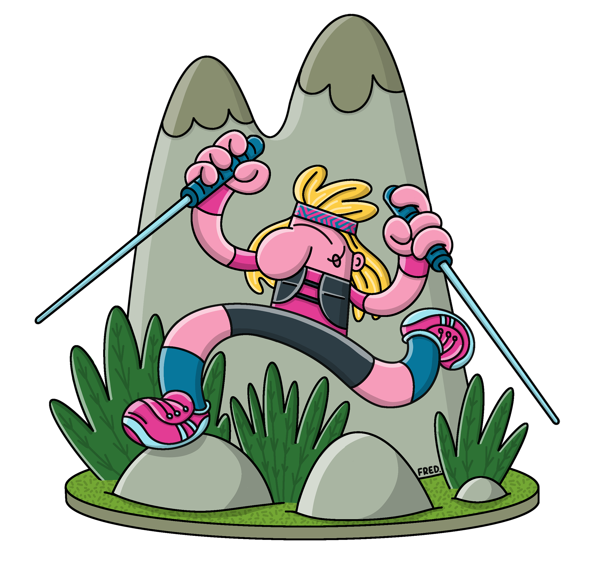 Illustration d’un coureur de trail en pleine nature, réalisée dans un style exagéré et dynamique, pour communication visuelle ou événement sportif – Fred illustrateur