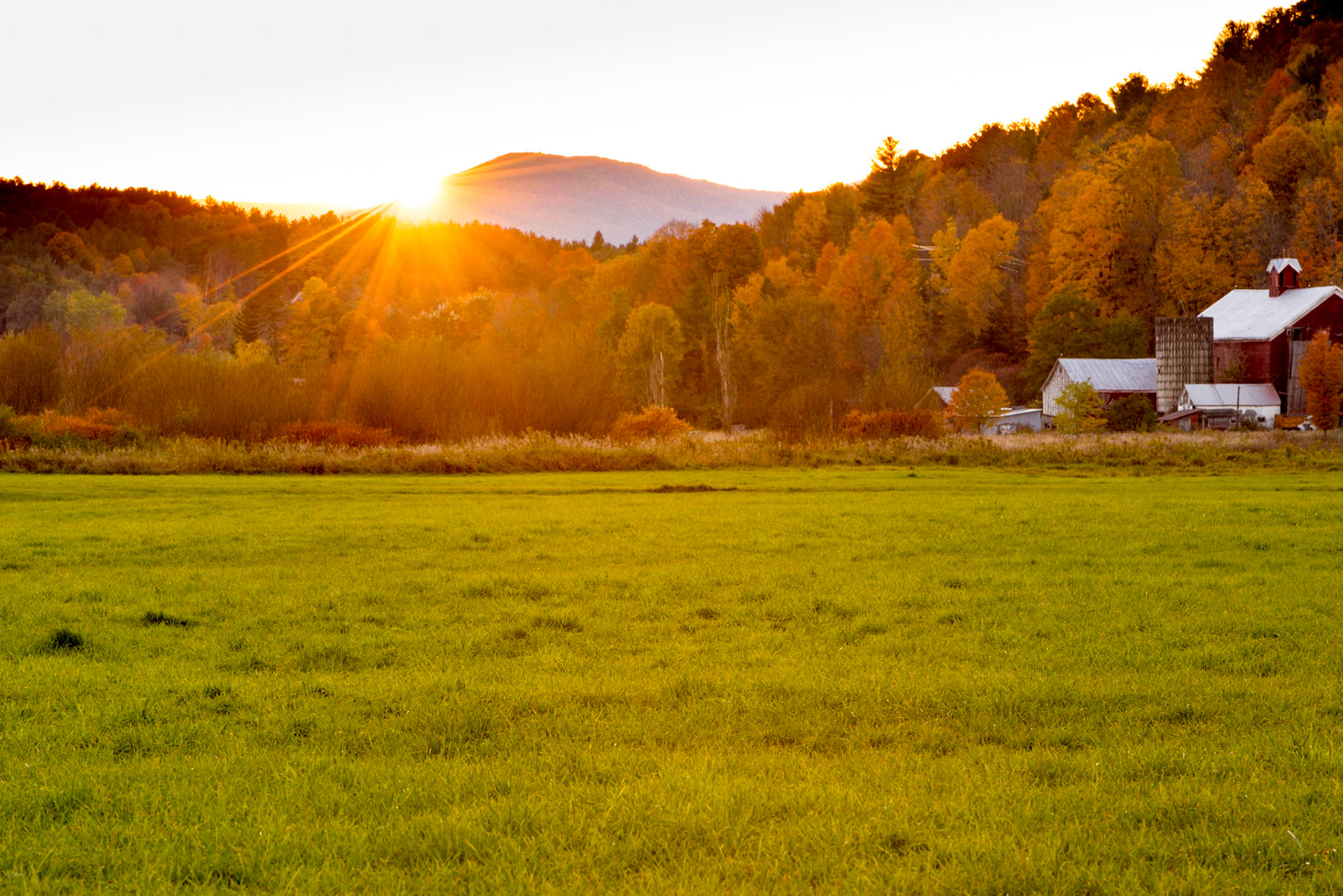 We were out driving in search of Manor Kill Falls in the Catskills and basically went right on past them out Potter Mountain Road. With the sun fading fast, we drove back to a wide spot in the valley surrounding Manor Kill. After shooting a number of photos with the sun at my back and to the side, I turned toward the sun just before it set behind the hills to the west. Since I was using a zoom lens, the flare was problematic for many of the photos, but this shot worked really well.Date: 14 October 2016Location: Conesville, New York, United StatesOriginal resolution: 36 MPProcessing: Processed from RAW using Adobe Photoshop Lightroom CC 2015