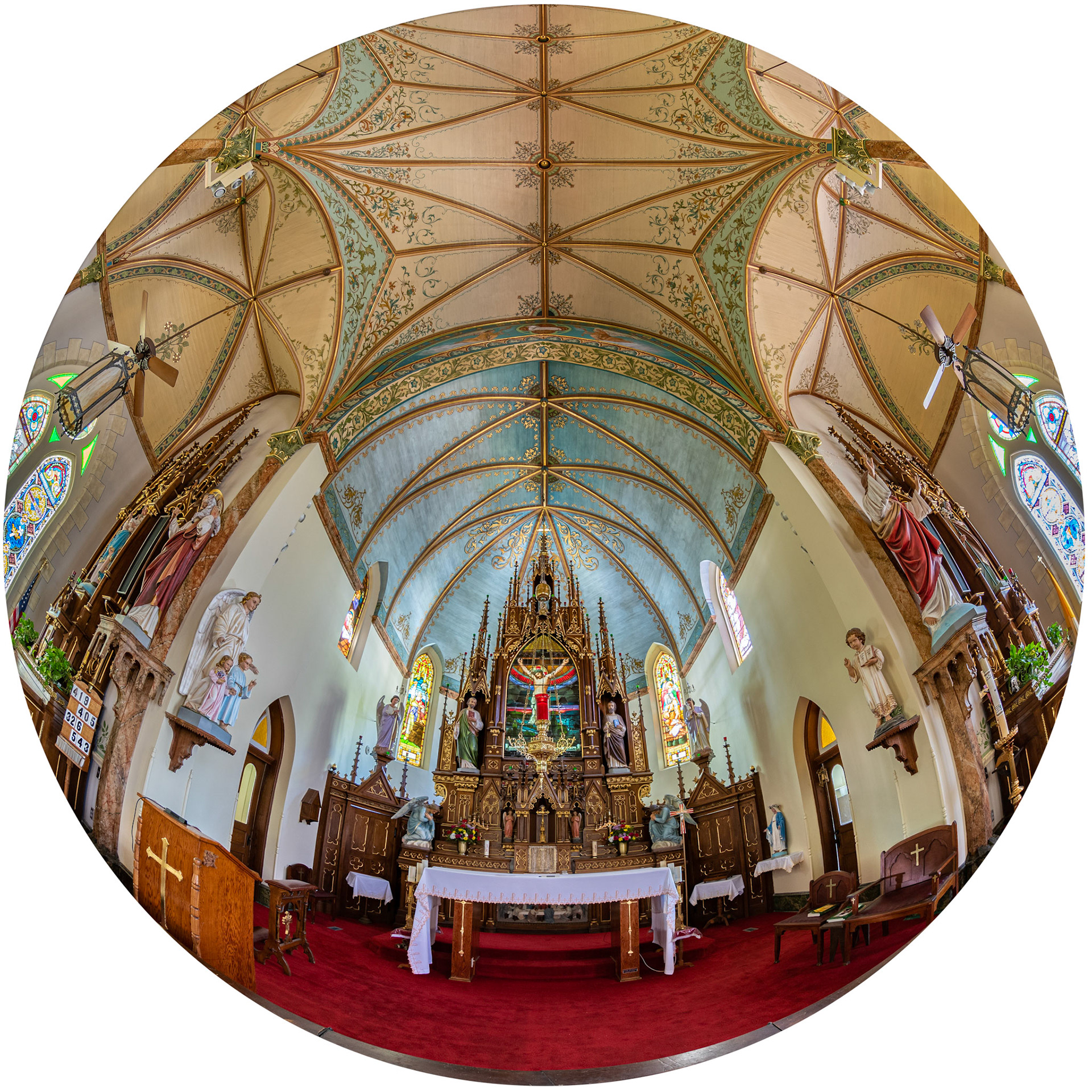 St. Mary's Church is the most ornate of the four painted churches of Fayette County. I used a fisheye lens to highlight the grandeur of the altar.Date: 24 July 2019Location: High Hill, Texas, United StatesOriginal resolution: 36 MPProcessing: Processed in high dynamic range from RAW using Adobe Photoshop Lightroom Classic 8