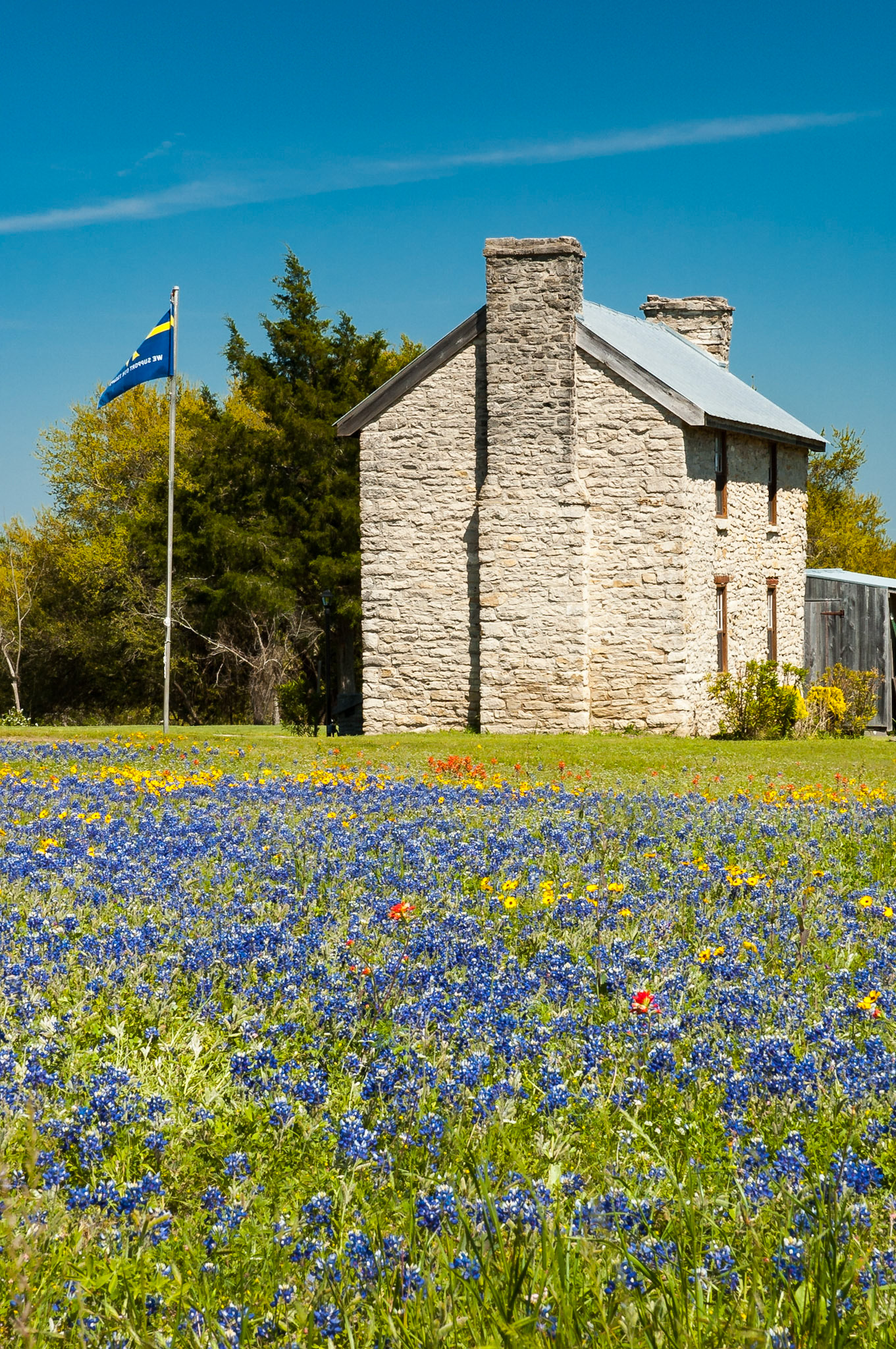 Texas bluebonnet (Lupinus texensis) and lanceleaf coreopsis (Coreopsis lanceolata) create a carpet of blue and gold along the side of the Blanton block.The Blanton Block was a stagecoach stop on the LaBahia Trail. Its buildings accommodated a hotel, stagecoach and mail depot, general store, and residence. When the railroad bypassed Independence, the Blanton Block eventually fell into disrepair.In the 1980s, the Zwiener family reconstructed two stone structures that were part of the Blanton Block. Today, the buildings are used as the offices of Countryside Realtors and a private residence.Date: 3 April 2005Location: Independence, Texas, United StatesOriginal resolution: 6 MPProcessing: Processed from RAW using Adobe Photoshop Lightroom 6