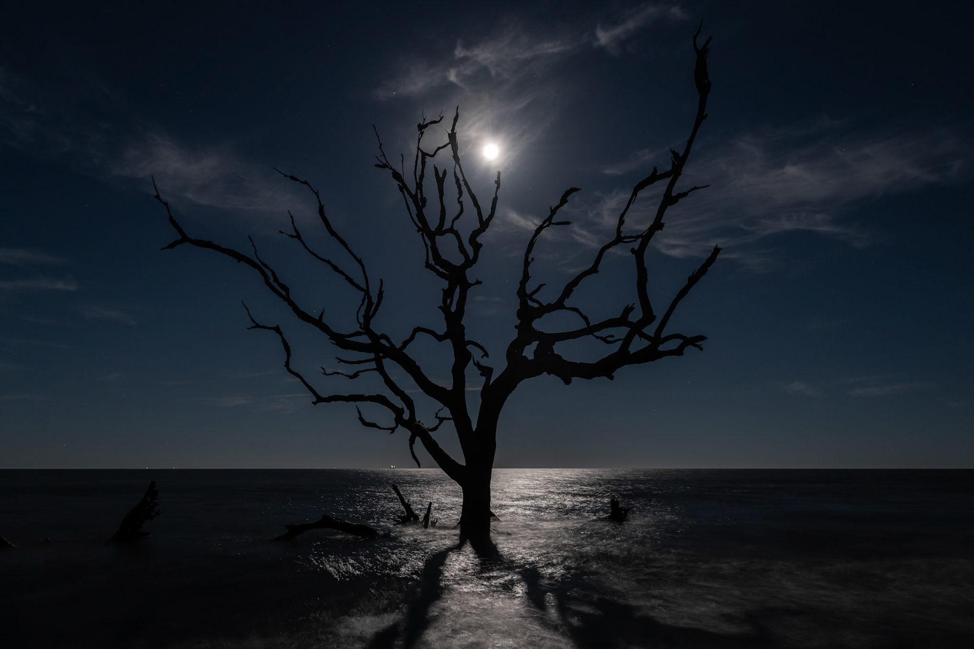 I had gone out late in the afternoon to scout Driftwood Beach for a sunrise shoot. Later that night, I realized that the moon was full and would make a great photo, so I drove back out to take some night photos. This photo of a southern live oak in the rising tide was the best of my photos that night. | 17 March 2022 | Jekyll Island, Georgia, United States | 45 MP | Processed from RAW using Adobe Photoshop Lightroom Classic 12