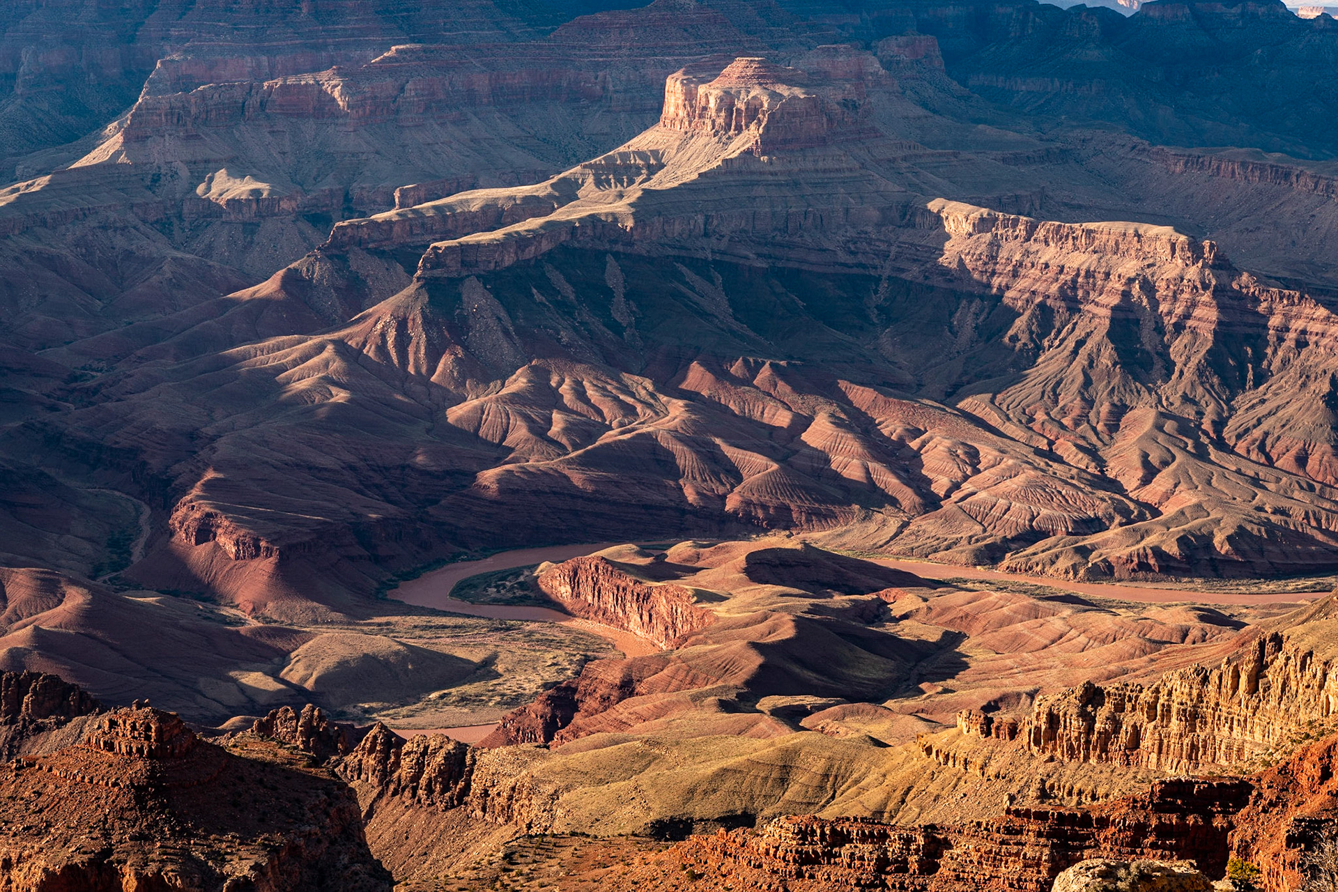 On our second day at Grand Canyon, we had a guide help with views and light. Later in the afternoon, we stopped at Lipan Point. Two of the points of interest there are Apollo Temple, visible at top center, and the Unkar Creek rapids, at the base of a massive rock wall between the two bends in the river.Date: 17 March 2020Location: Grand Canyon National Park, Arizona, United StatesOriginal resolution: 45 MPProcessing: Processed from RAW using Adobe Photoshop Lightroom Classic 9